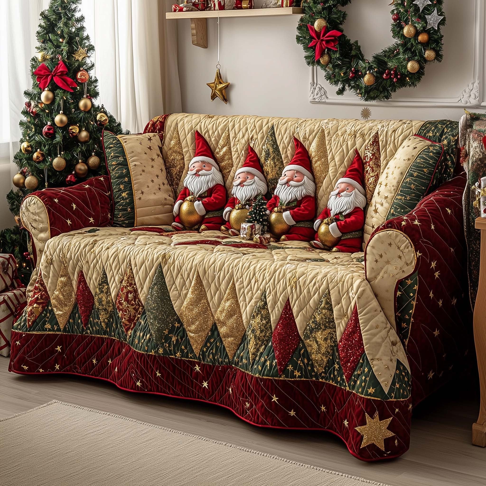 Gnome Row on Ivory Patchwork Sofa Cover