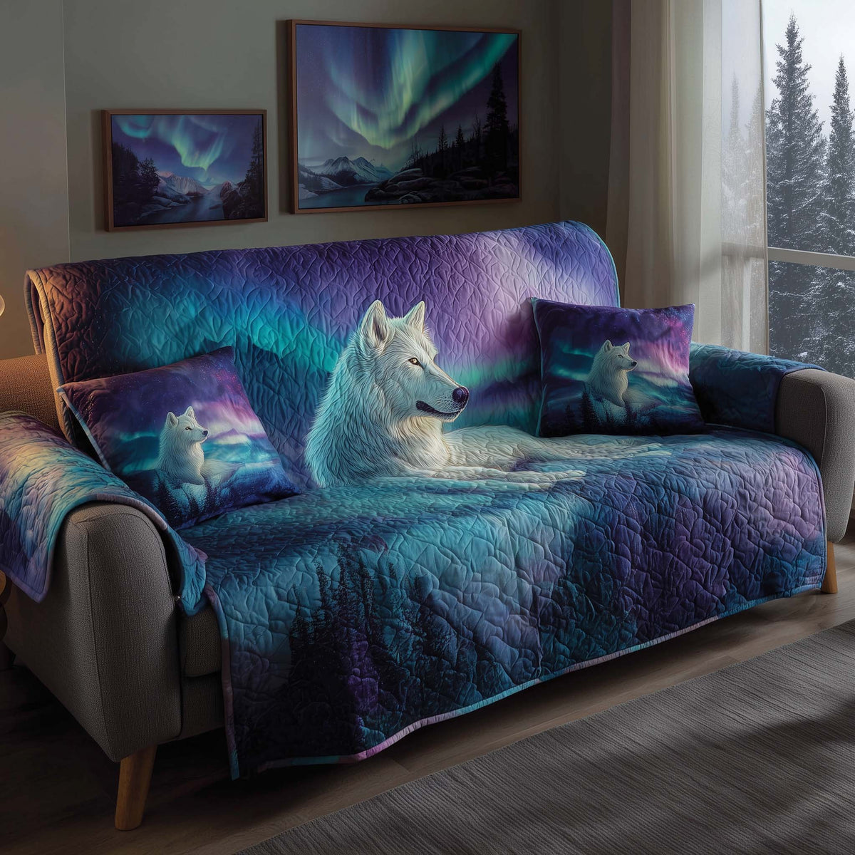 White Wolf Under the Aurora Sofa Cover