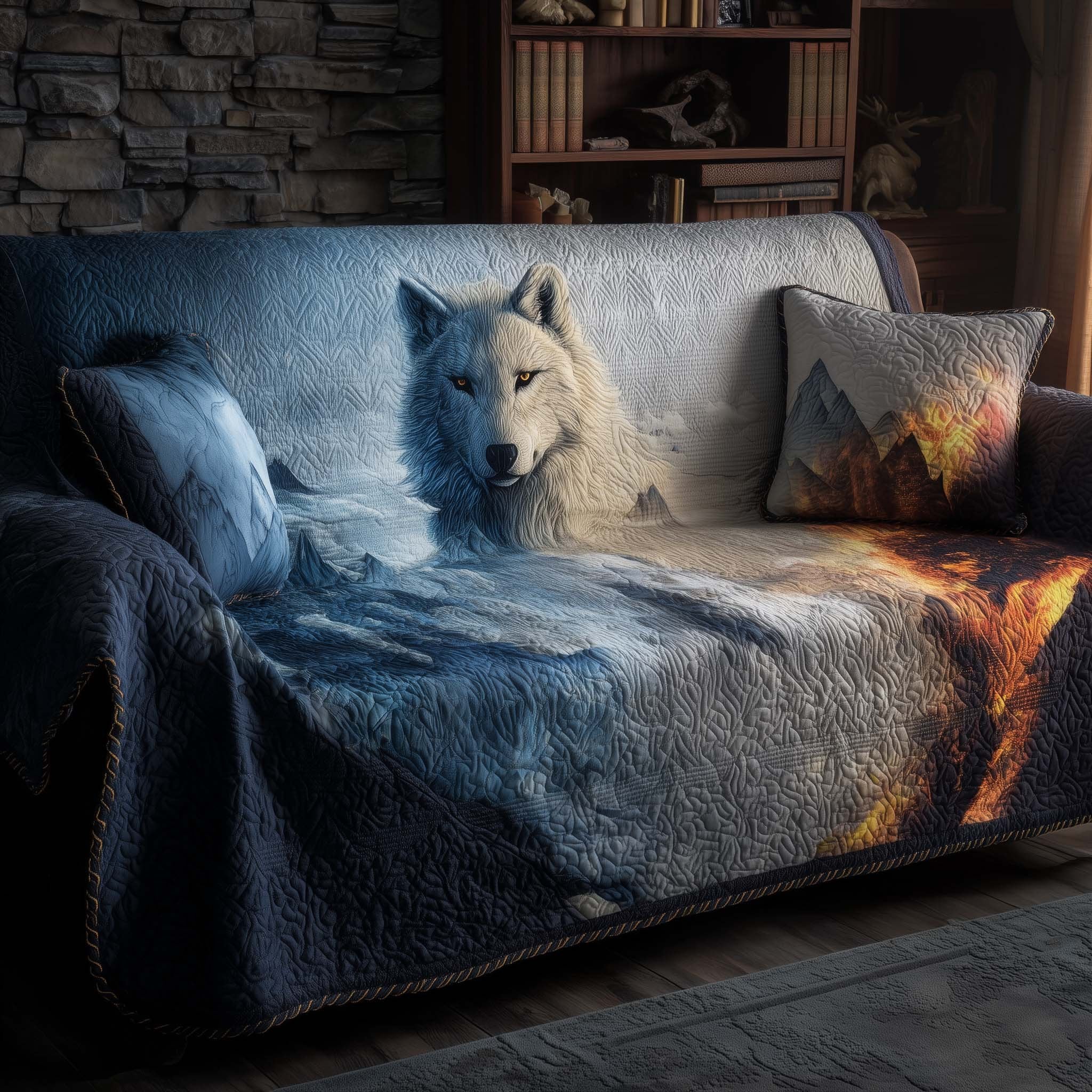 Two Wolves in the Blue Snow Sofa Cover