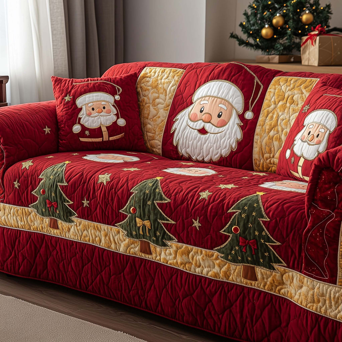 Santa Faces and Pines on Red Sofa Cover