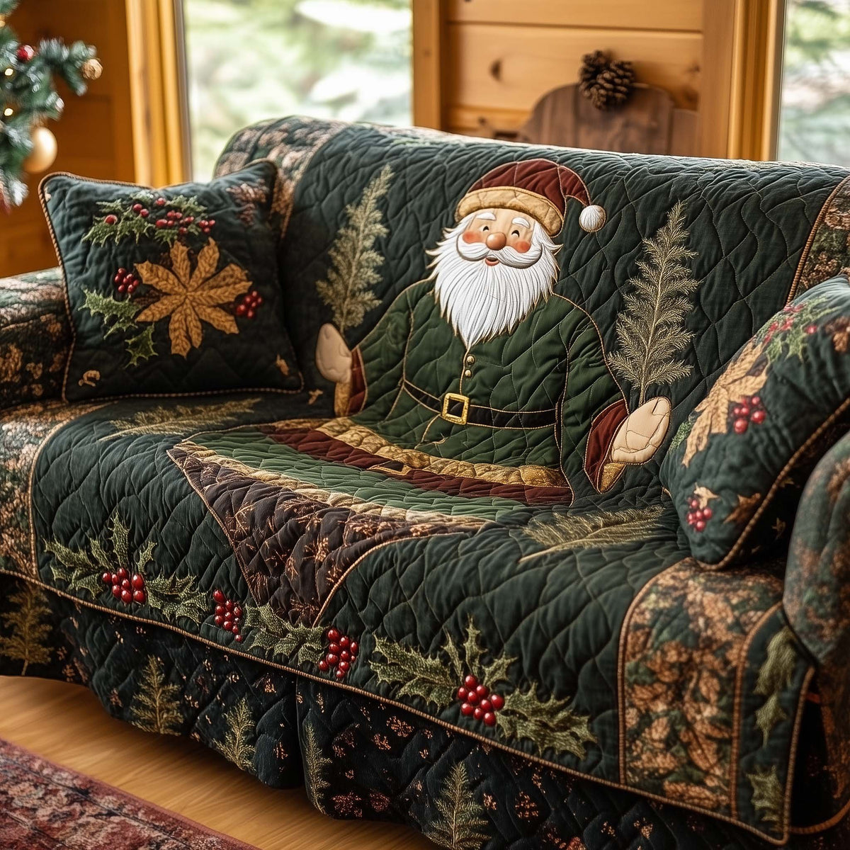 Green Robed Santa with Holly Sofa Cover