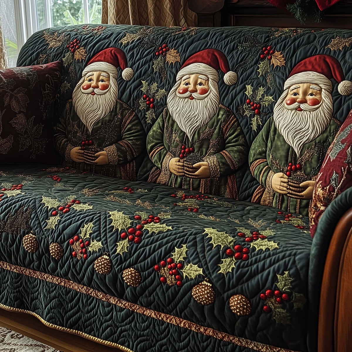 Green Santas and Pinecones Sofa Cover