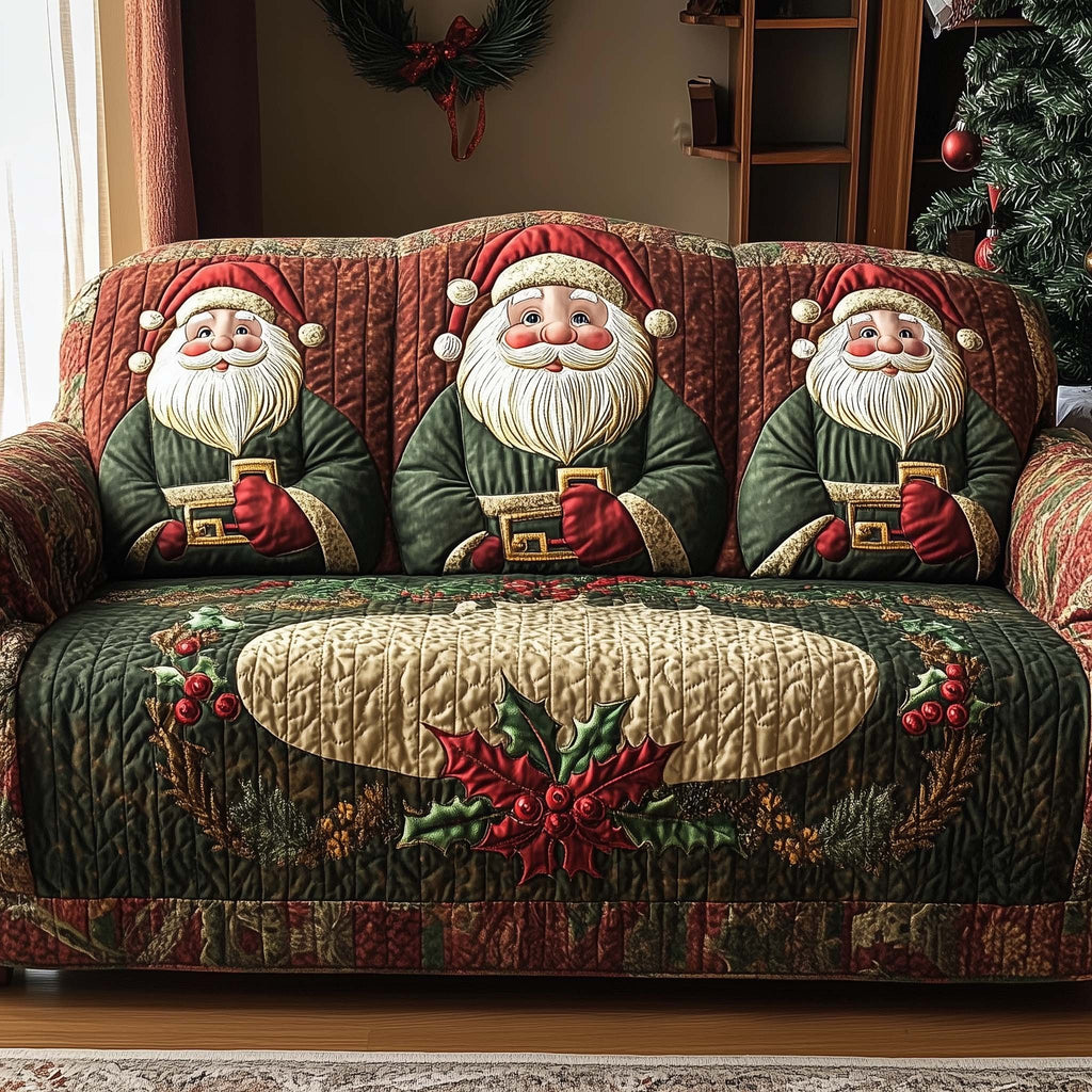 Santas in Green Coats on Red Sofa Cover