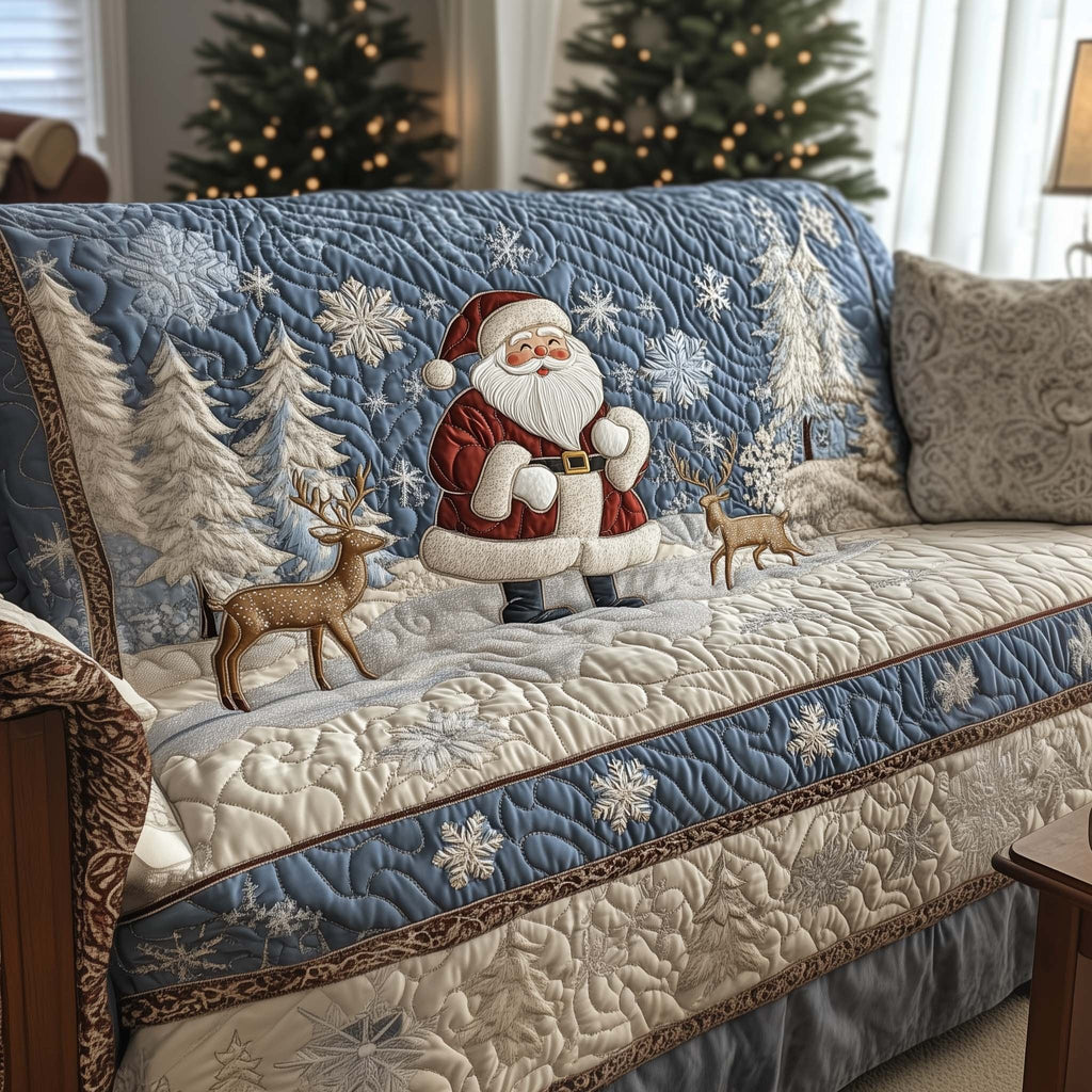 Santa and Reindeer on Icy Blue Sofa Cover