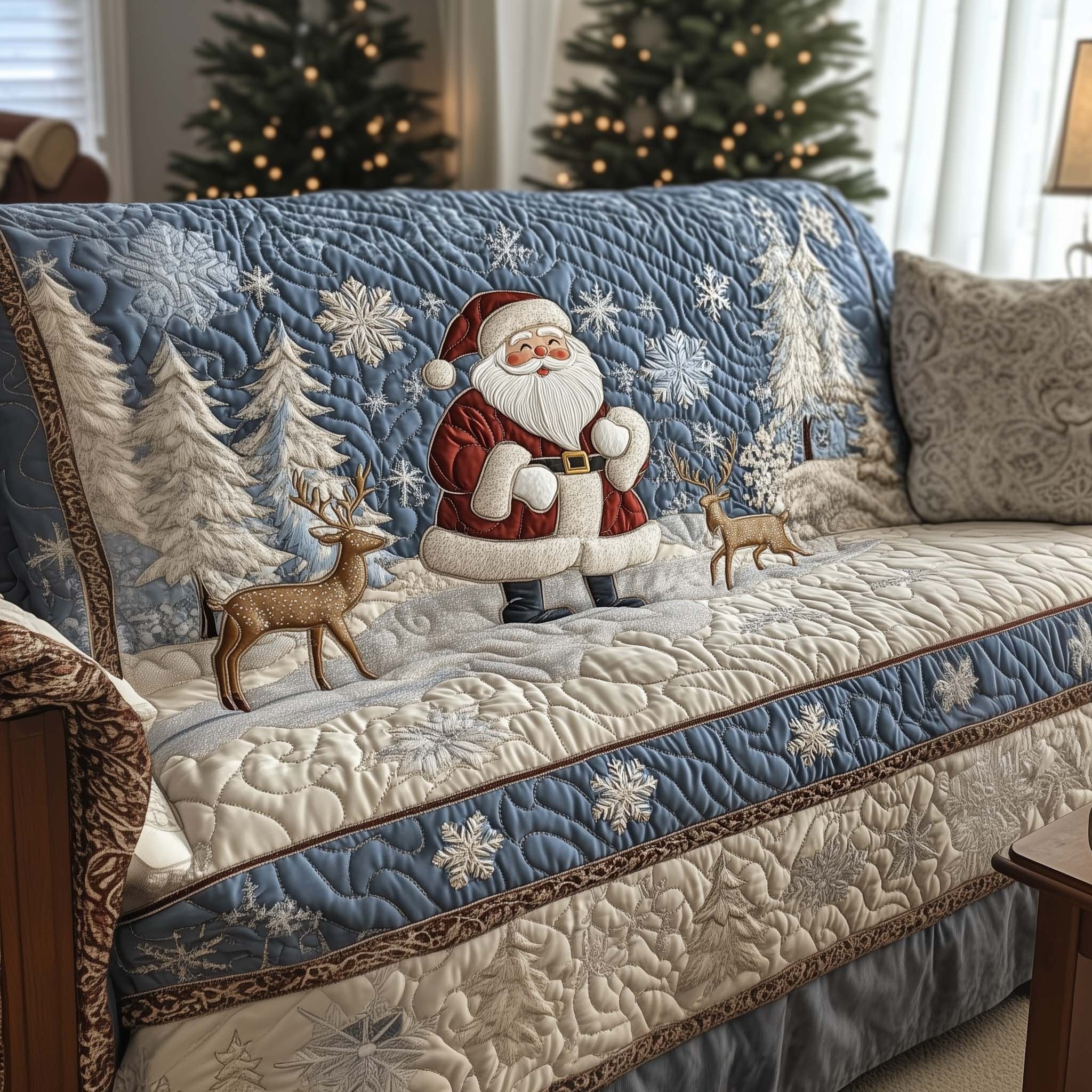 Santa and Reindeer on Icy Blue Sofa Cover