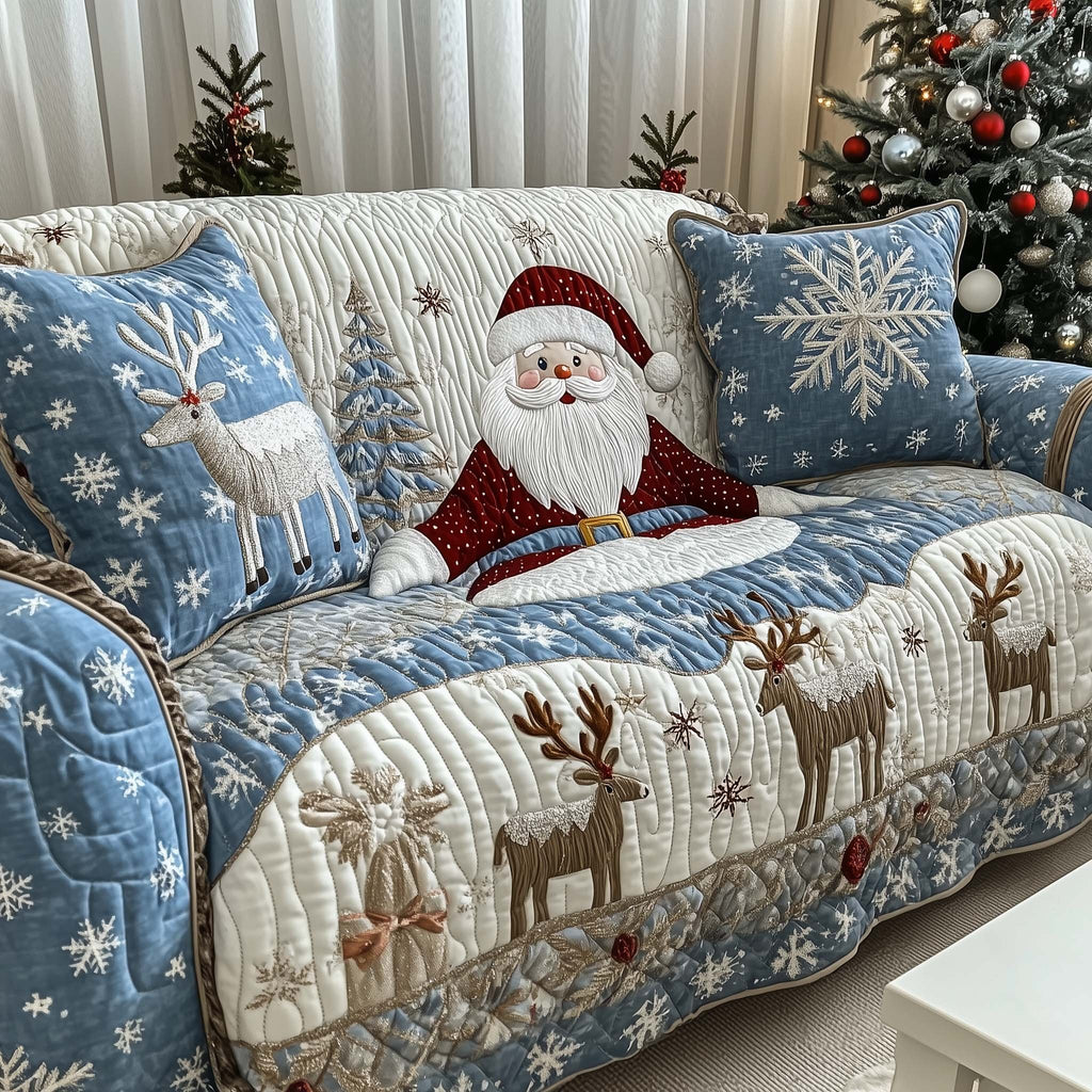 Santa Among Blue Snowflake Deer Sofa Cover