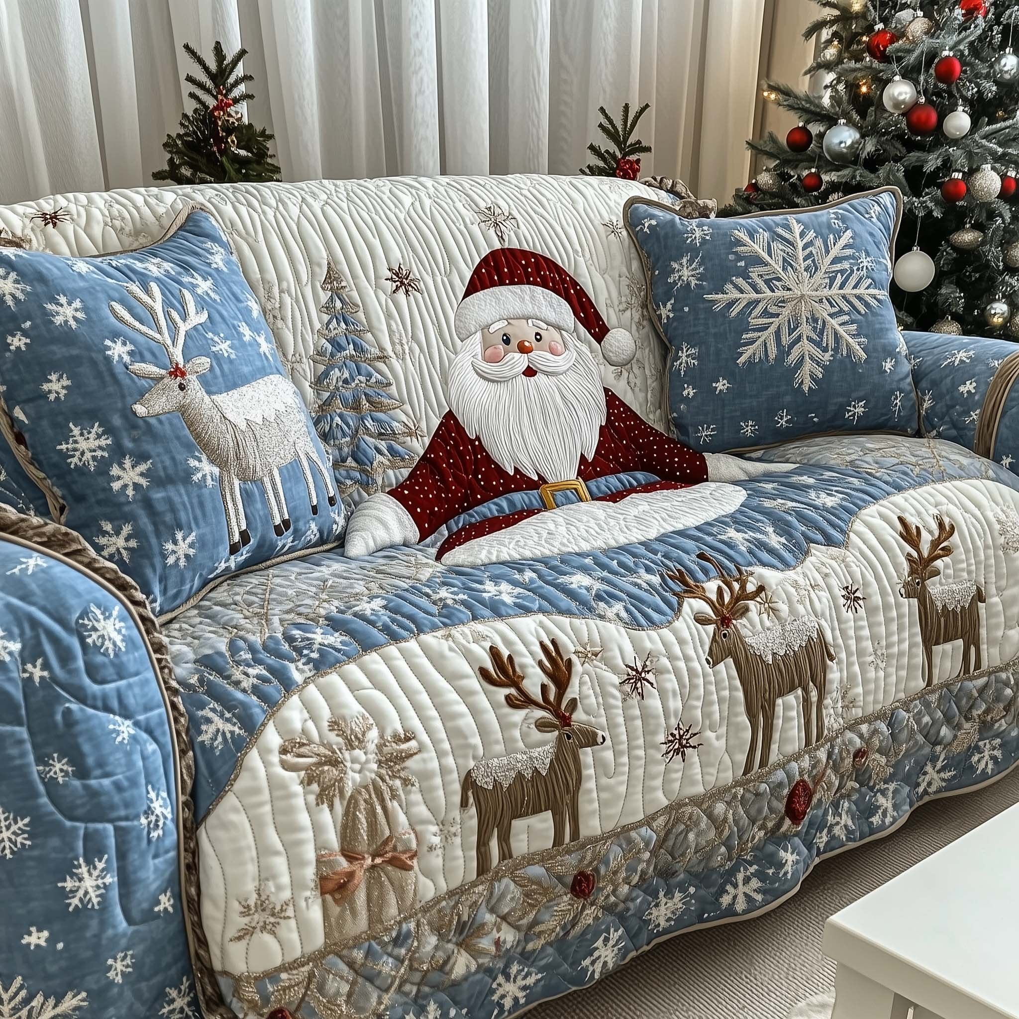 Santa Among Blue Snowflake Deer Sofa Cover