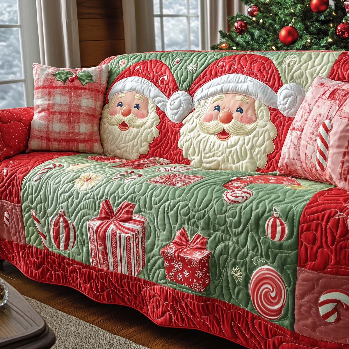 Santa Faces with Peppermint Gifts Sofa Cover