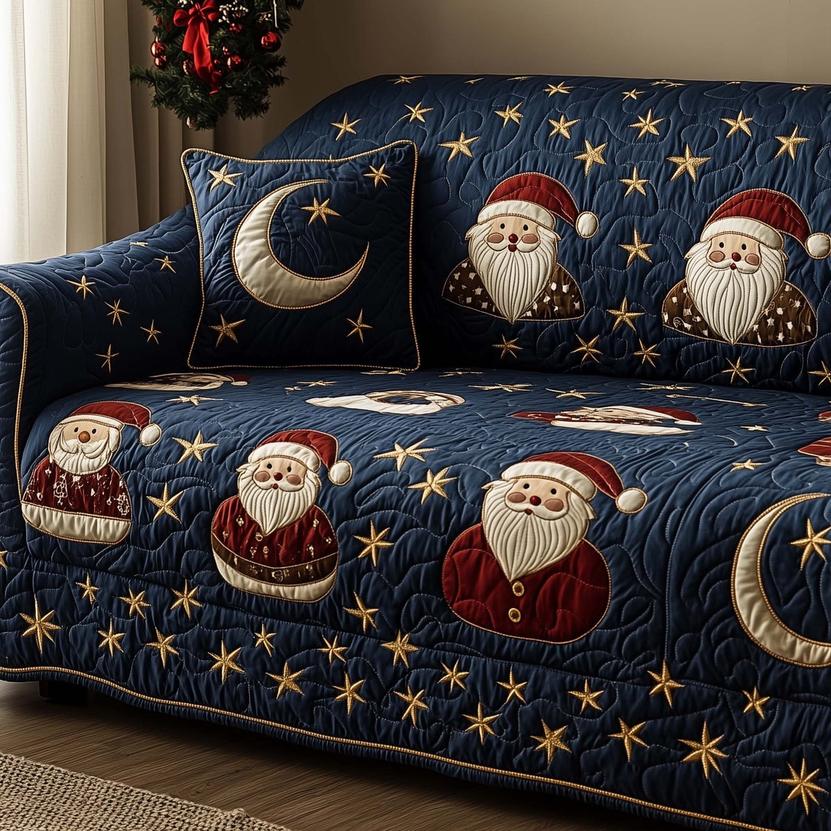 Santas Under the Navy Moon Sofa Cover