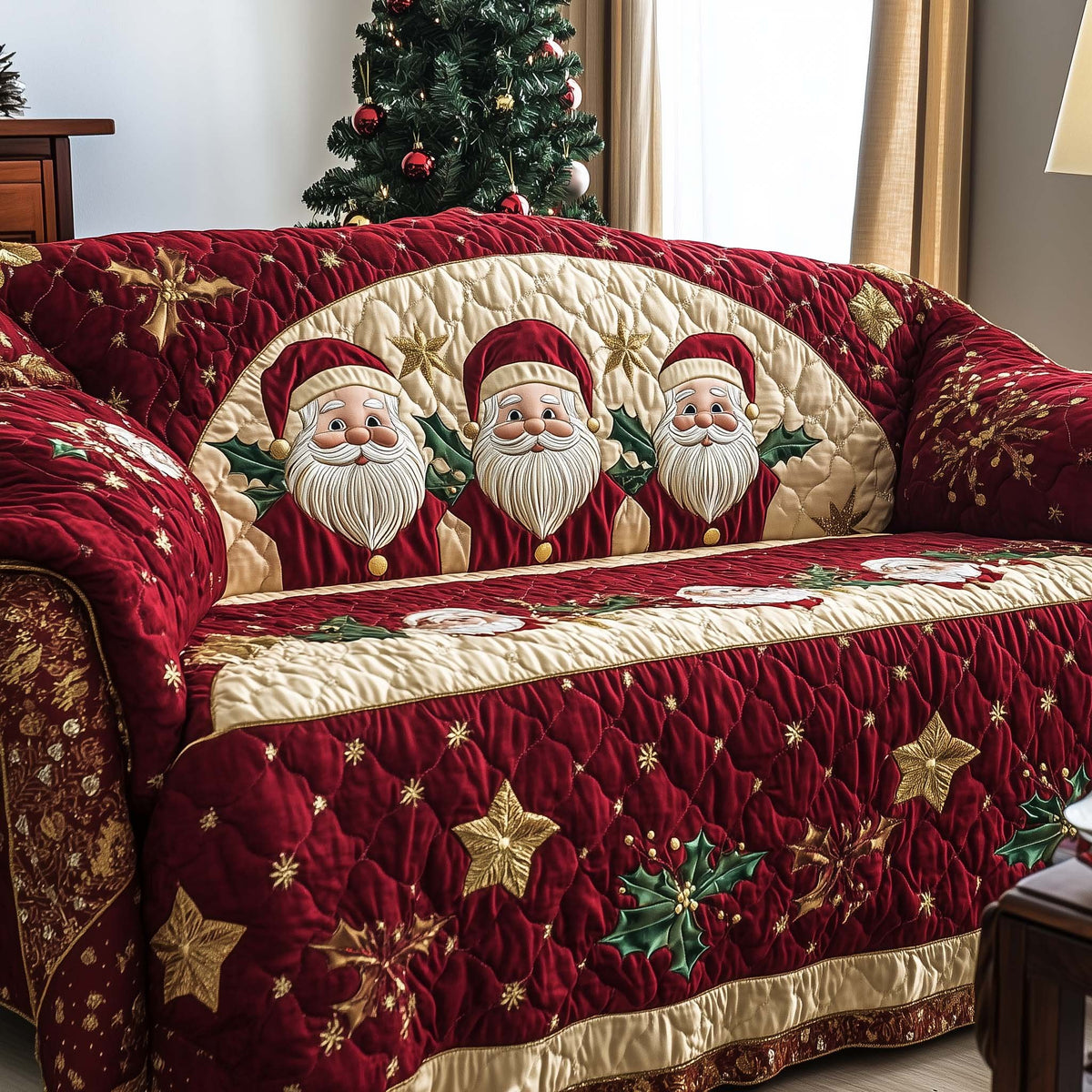 Santa Faces on Burgundy Stars Sofa Cover