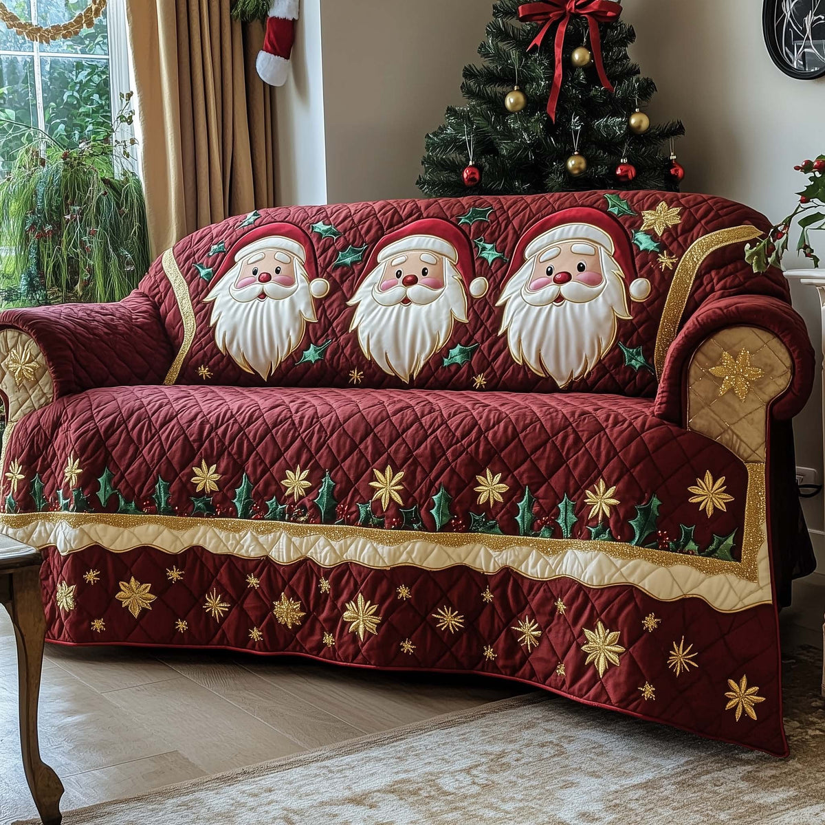 Santa Faces on Wine and Gold Sofa Cover