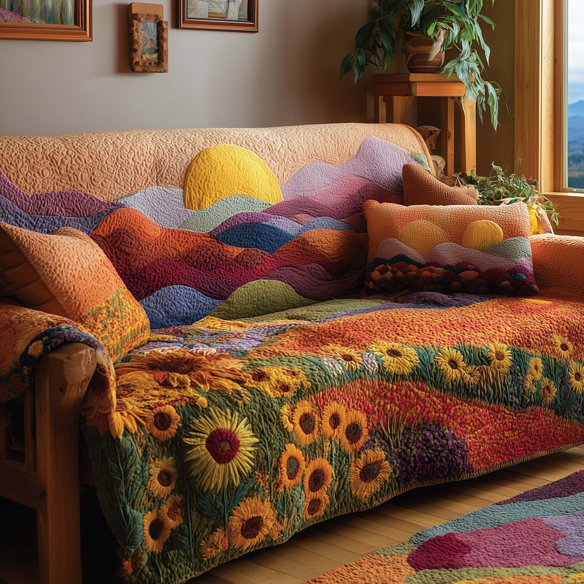 Sunflower Field on Layered Hills Sofa Cover