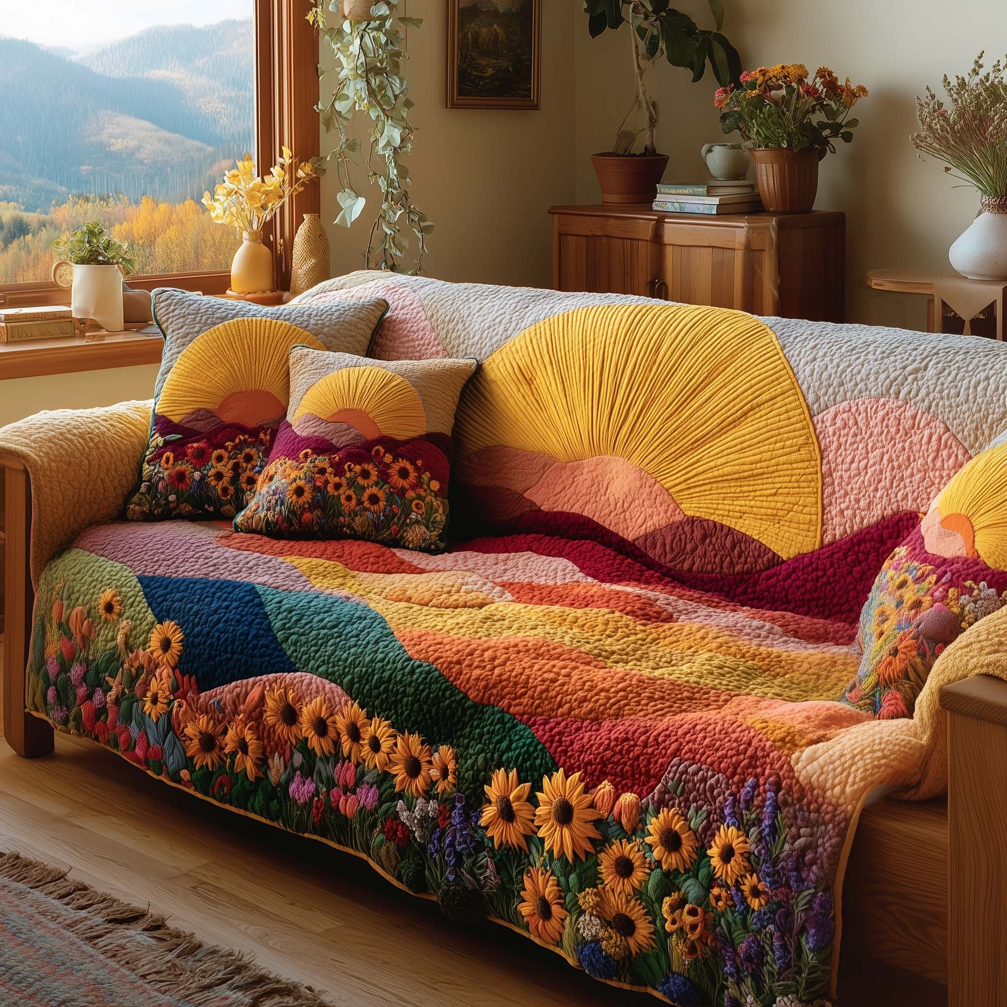 Golden Sun Over Sunflowers Sofa Cover