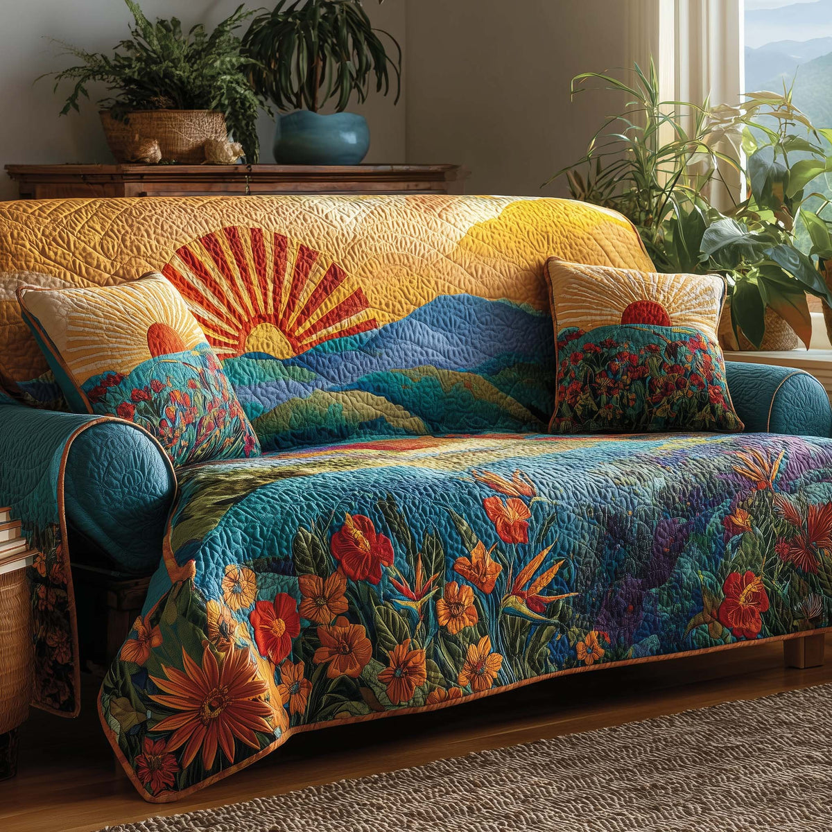Sunburst Rays Over the Flower Field Sofa Cover