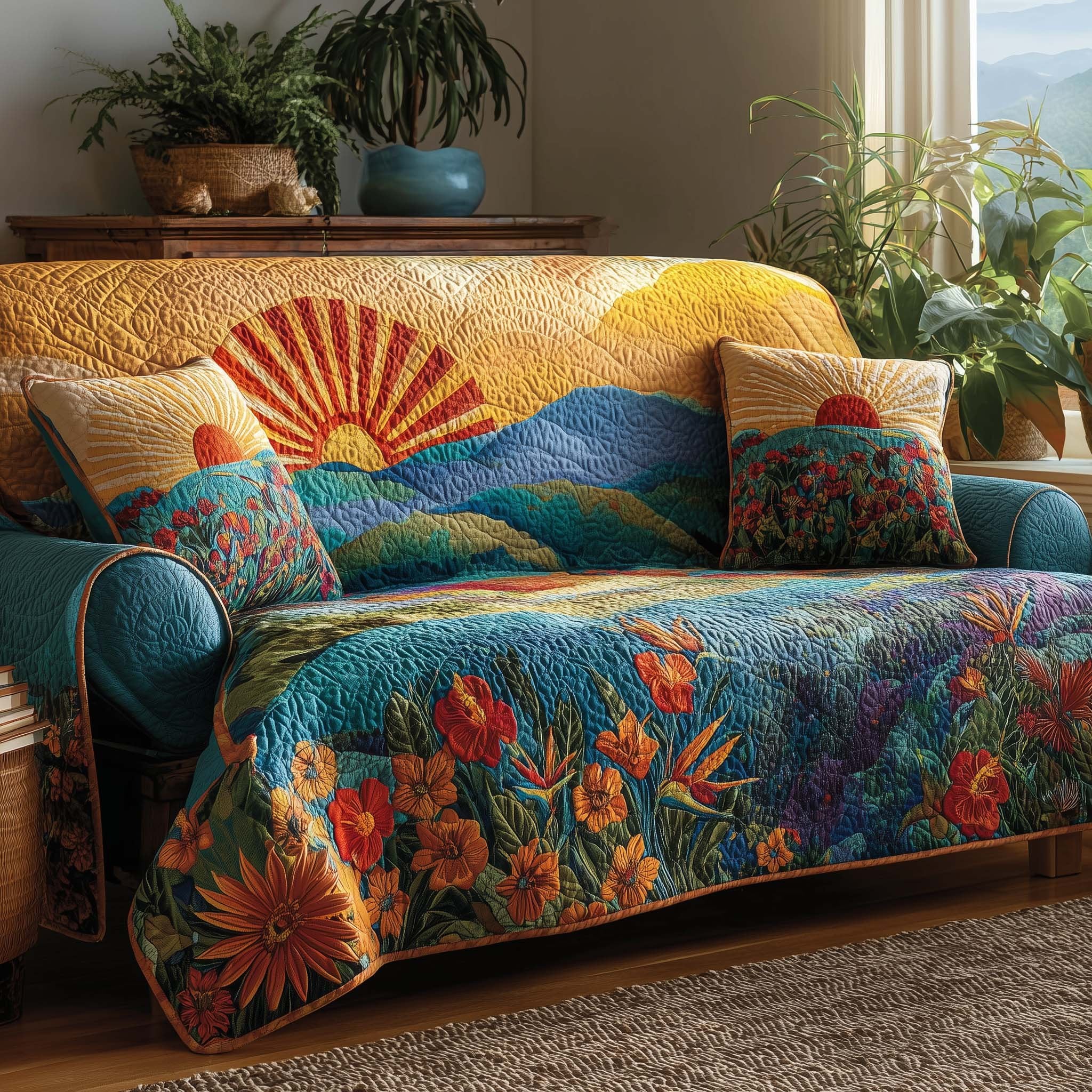 Sunburst Rays Over the Flower Field Sofa Cover