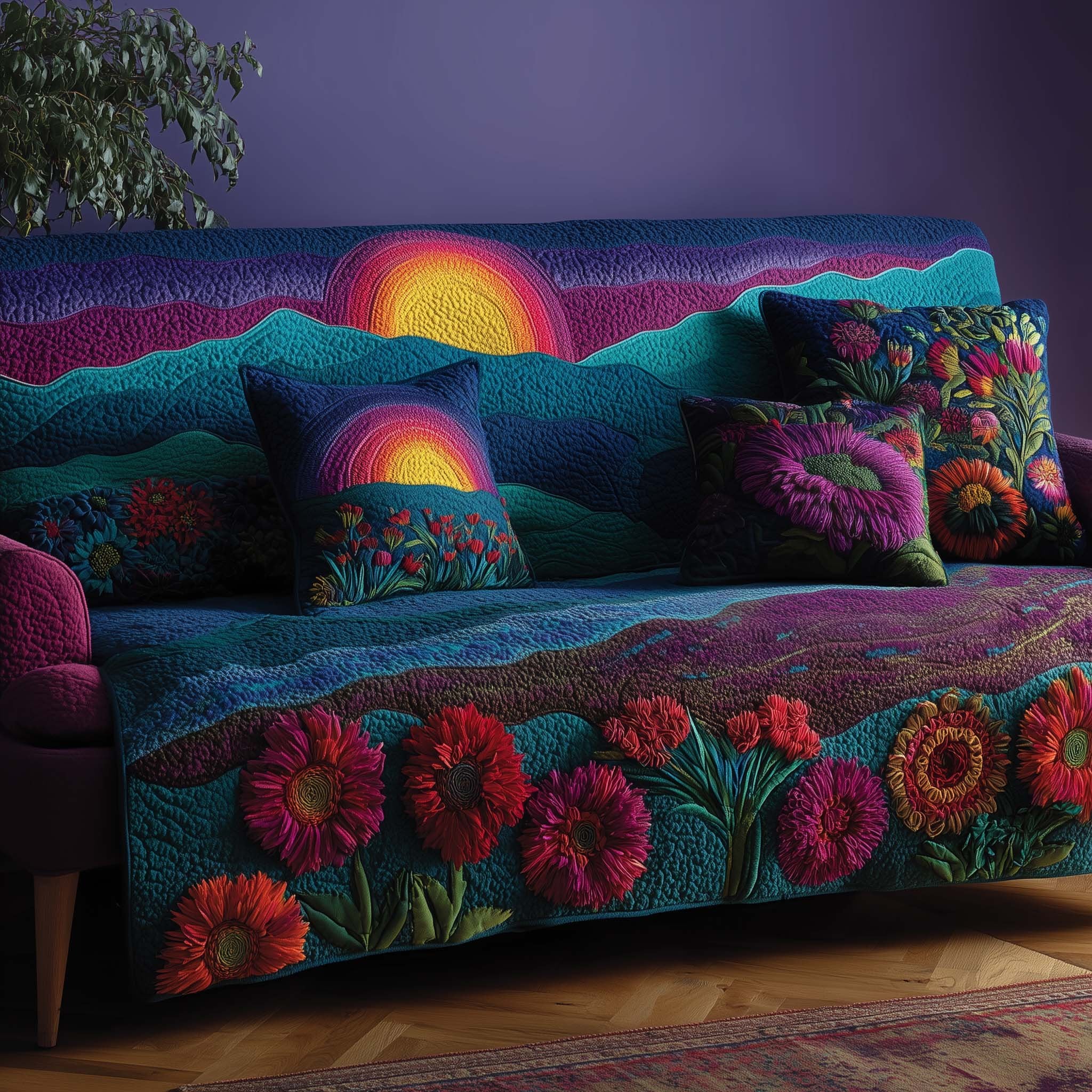 Rainbow Sunset with Red Gerberas Sofa Cover