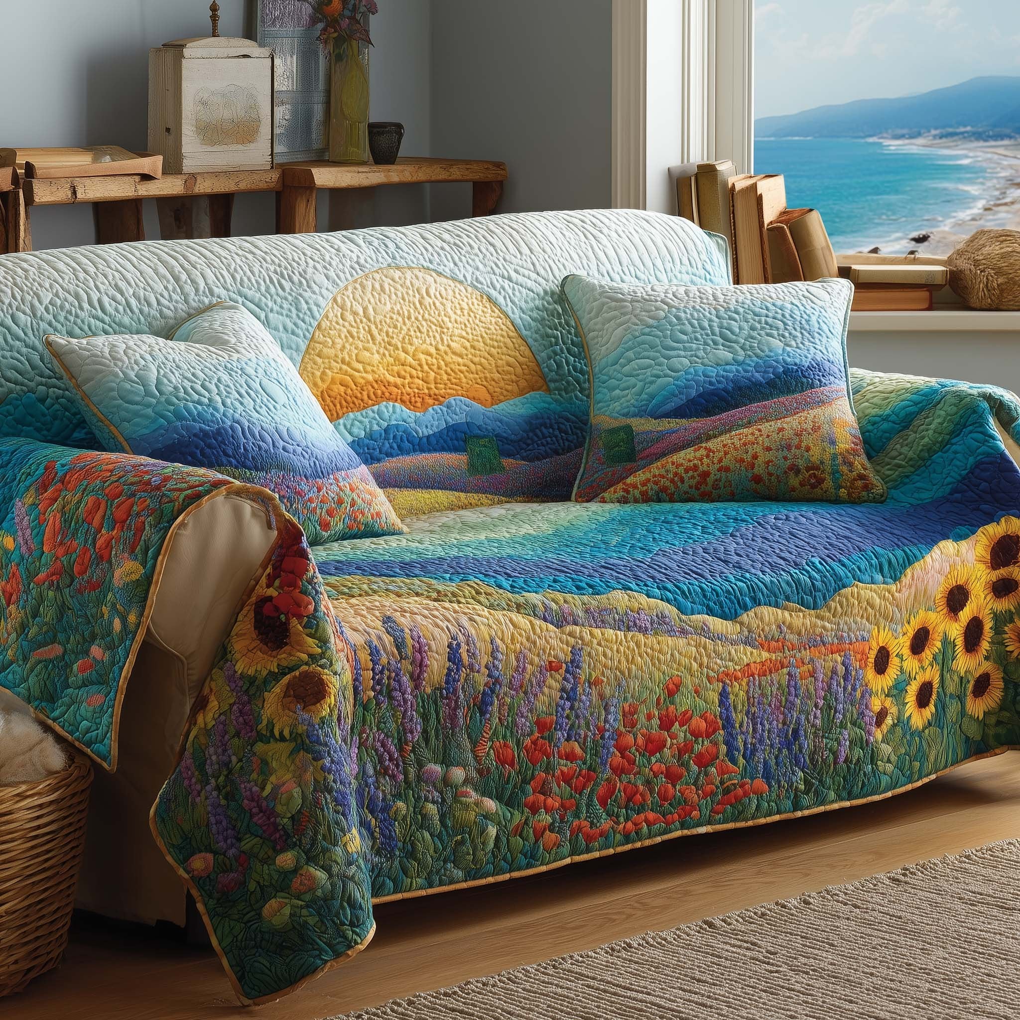 Soft Blue Hills and Meadow Flowers Sofa Cover