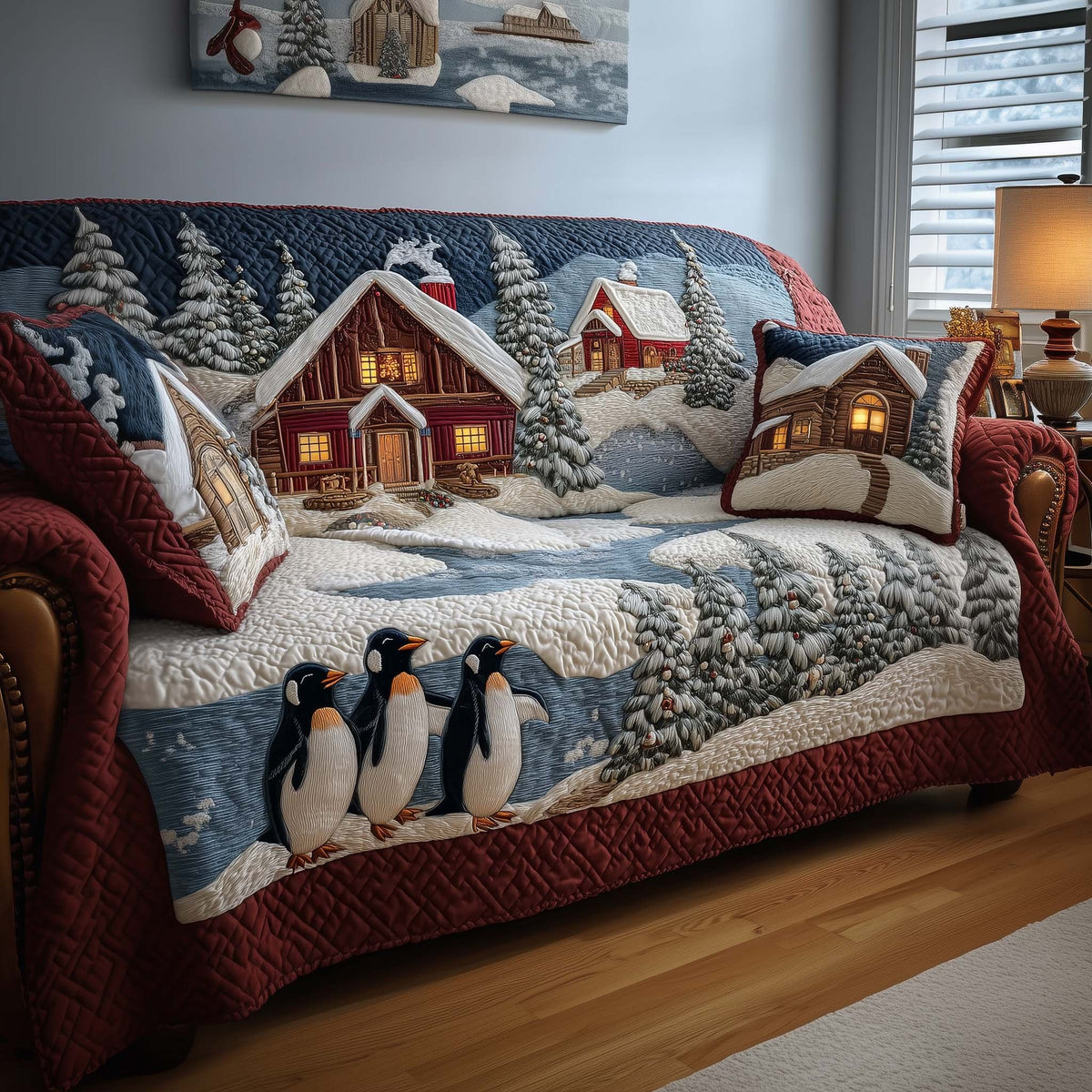 Penguins by the Red Cabins Sofa Cover