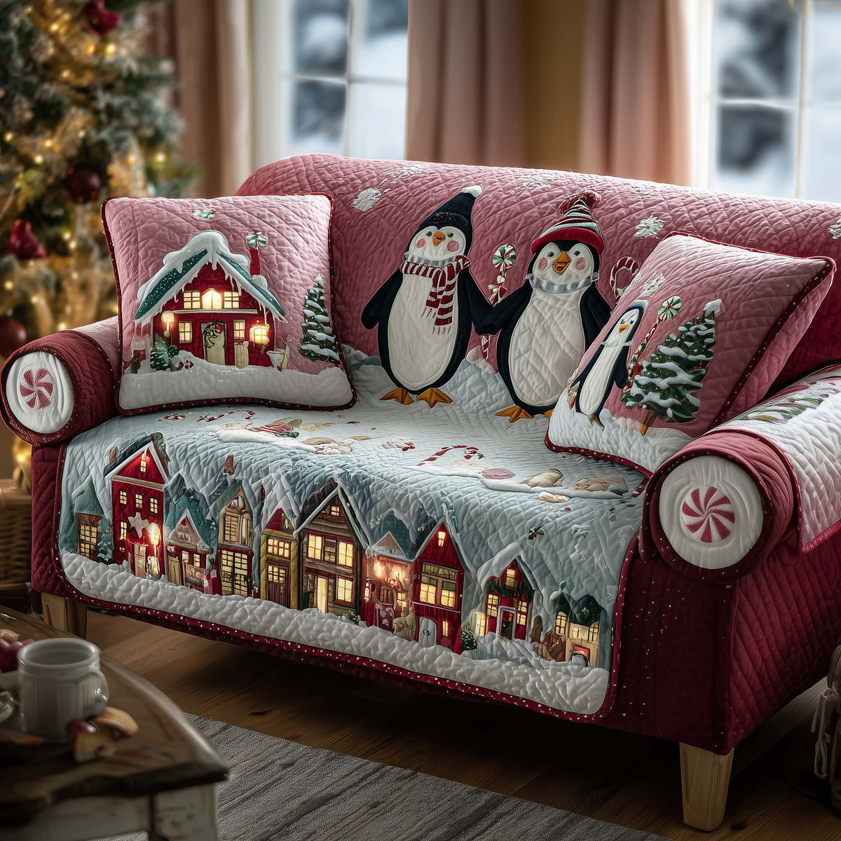 Penguins Above the Candy Village Sofa Cover