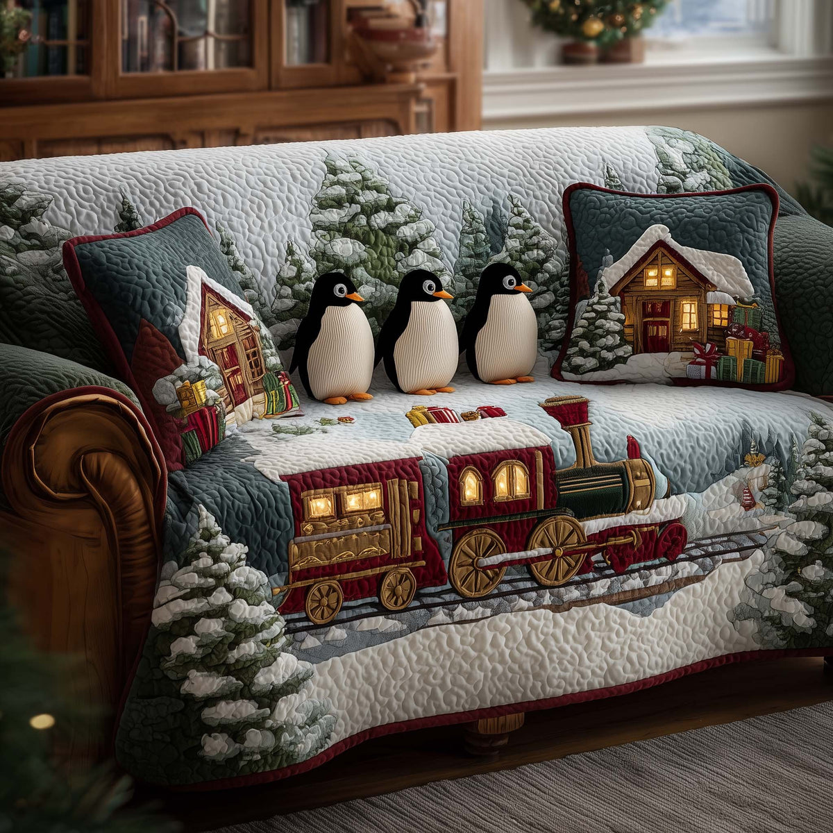 Penguins and the Red Train Sofa Cover