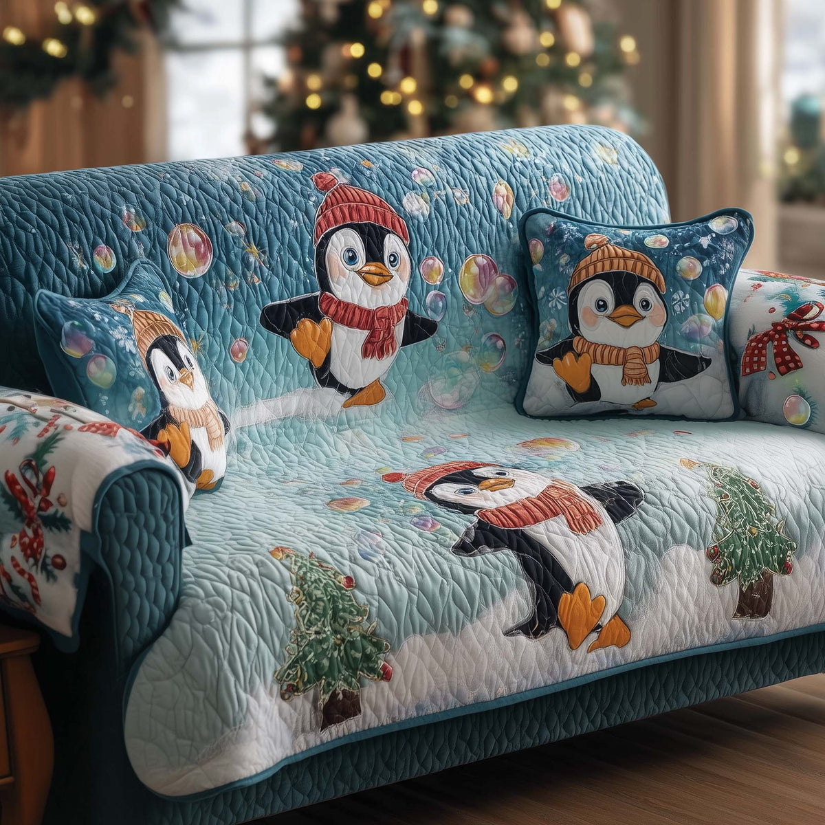 Playful Penguins in Winter Scarves Sofa Cover
