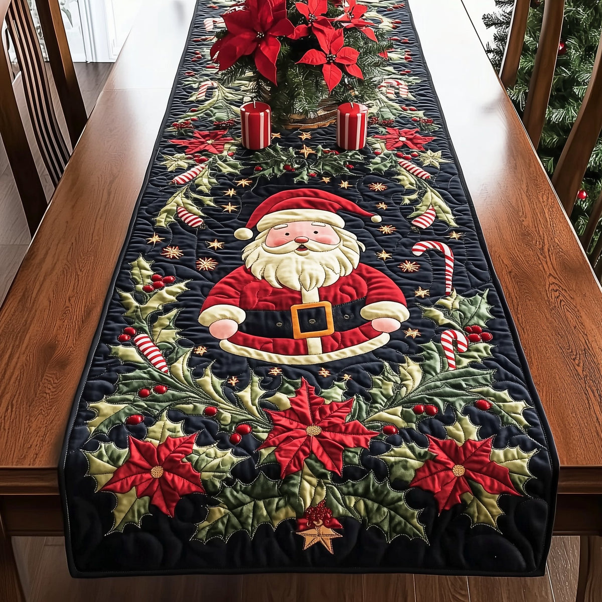 Santa with Poinsettias and Candy Canes Table Runner
