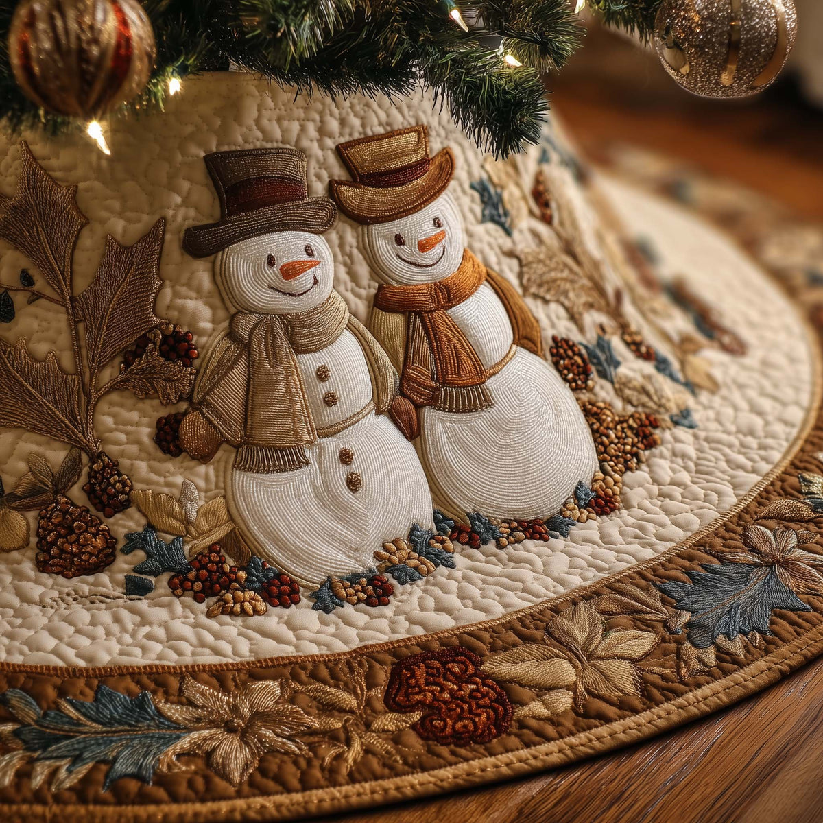 Snowman Couple on Autumn Gold Christmas Tree Skirt