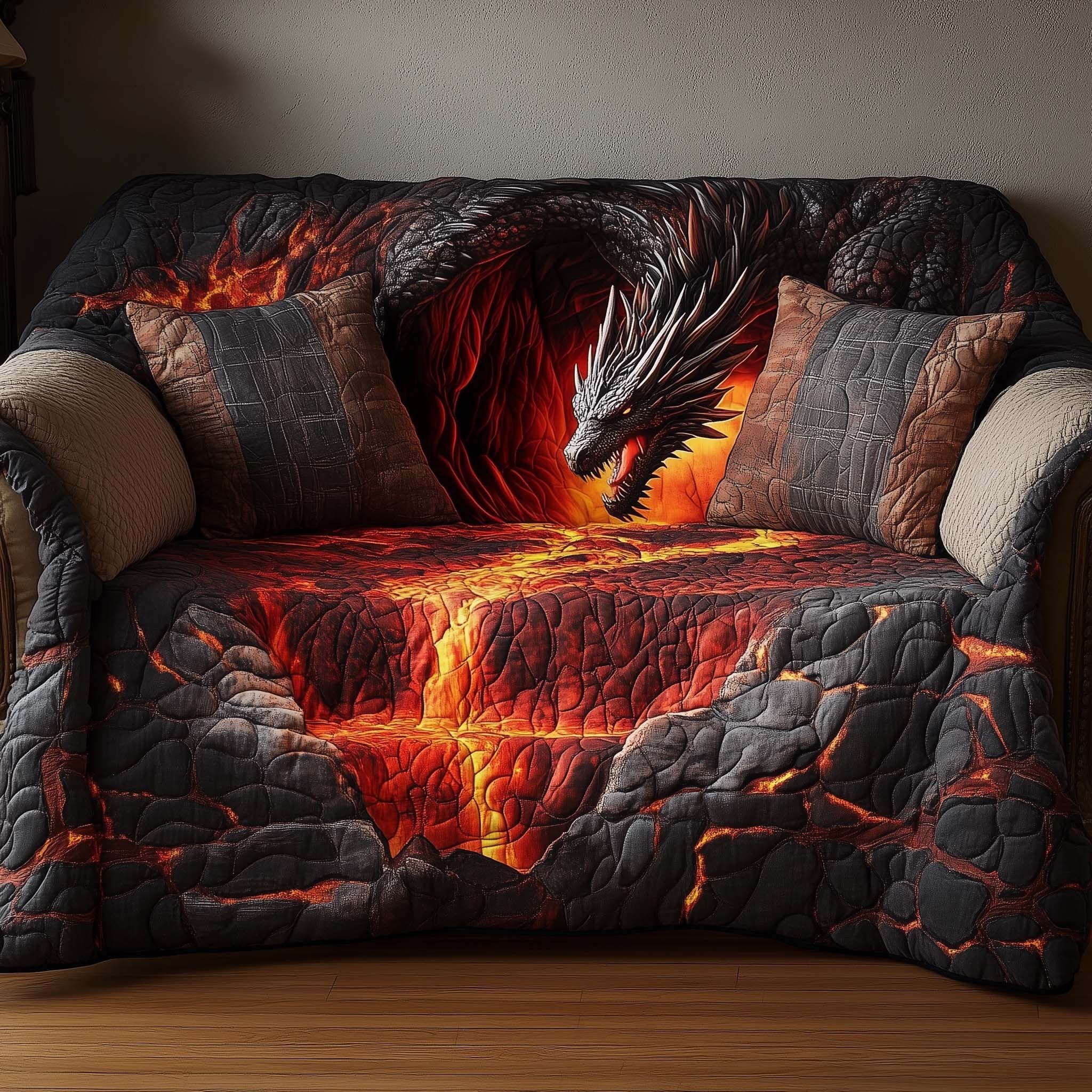 Silver Dragon Over the Lava River Sofa Cover