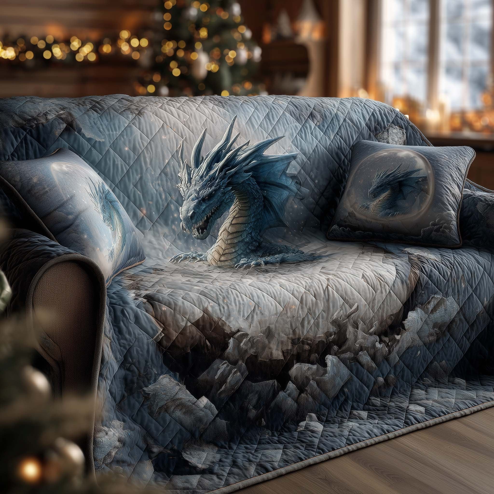 Ice Dragon Roaring on the Rocks Sofa Cover