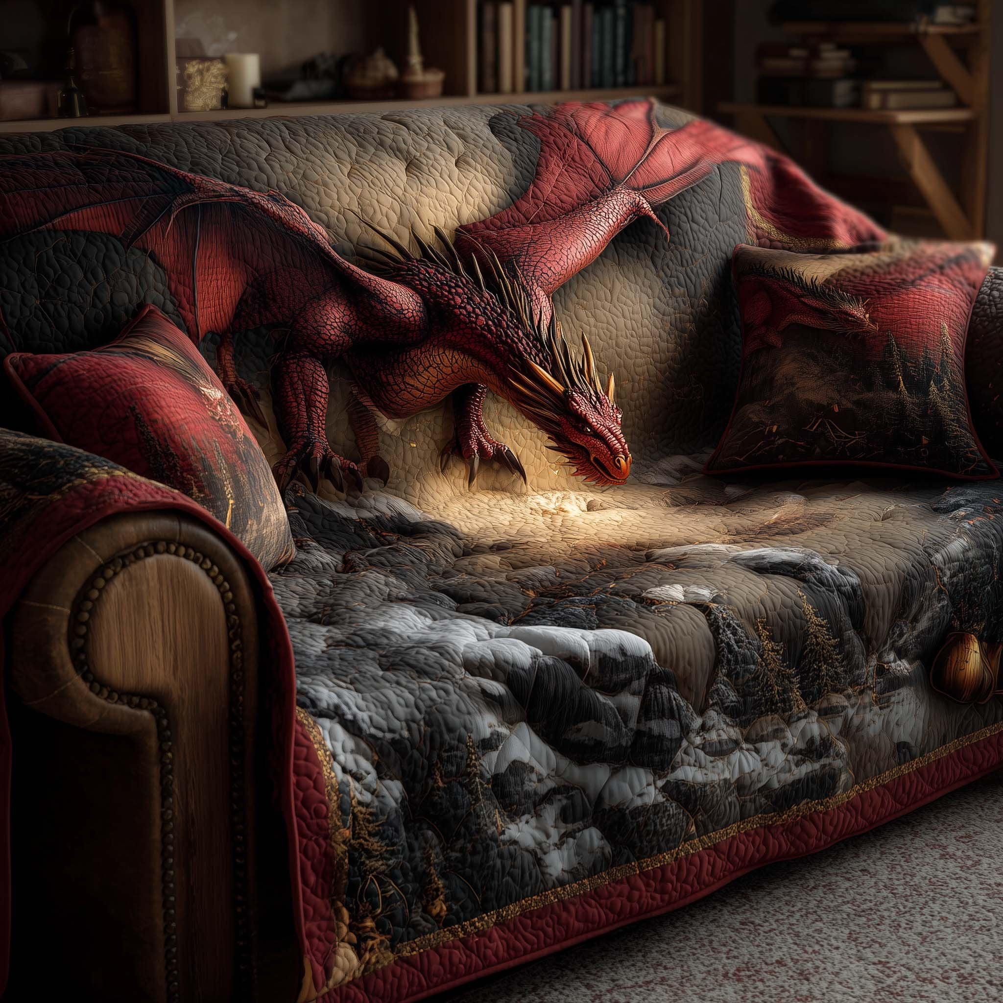 Red Dragon Asleep on the Ledge Sofa Cover