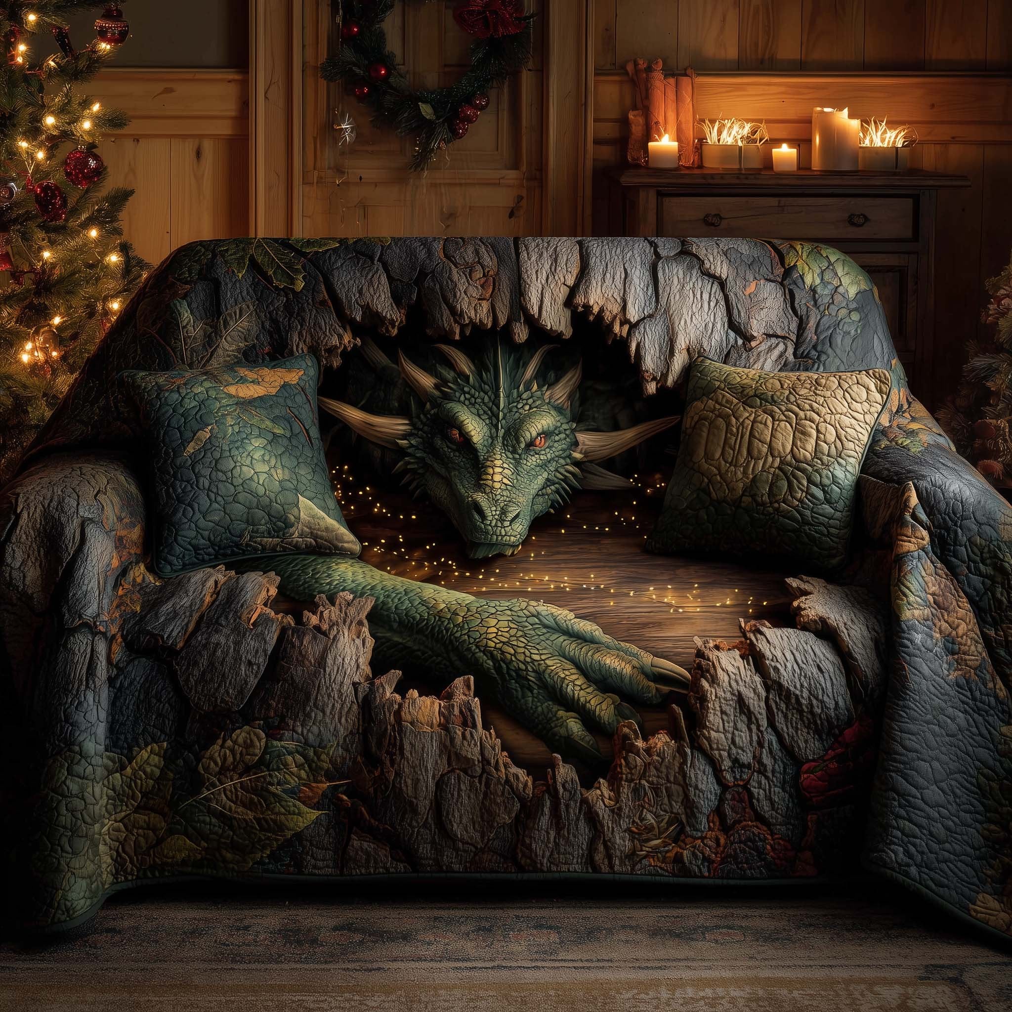 Green Dragon Inside the Ember Cave Sofa Cover