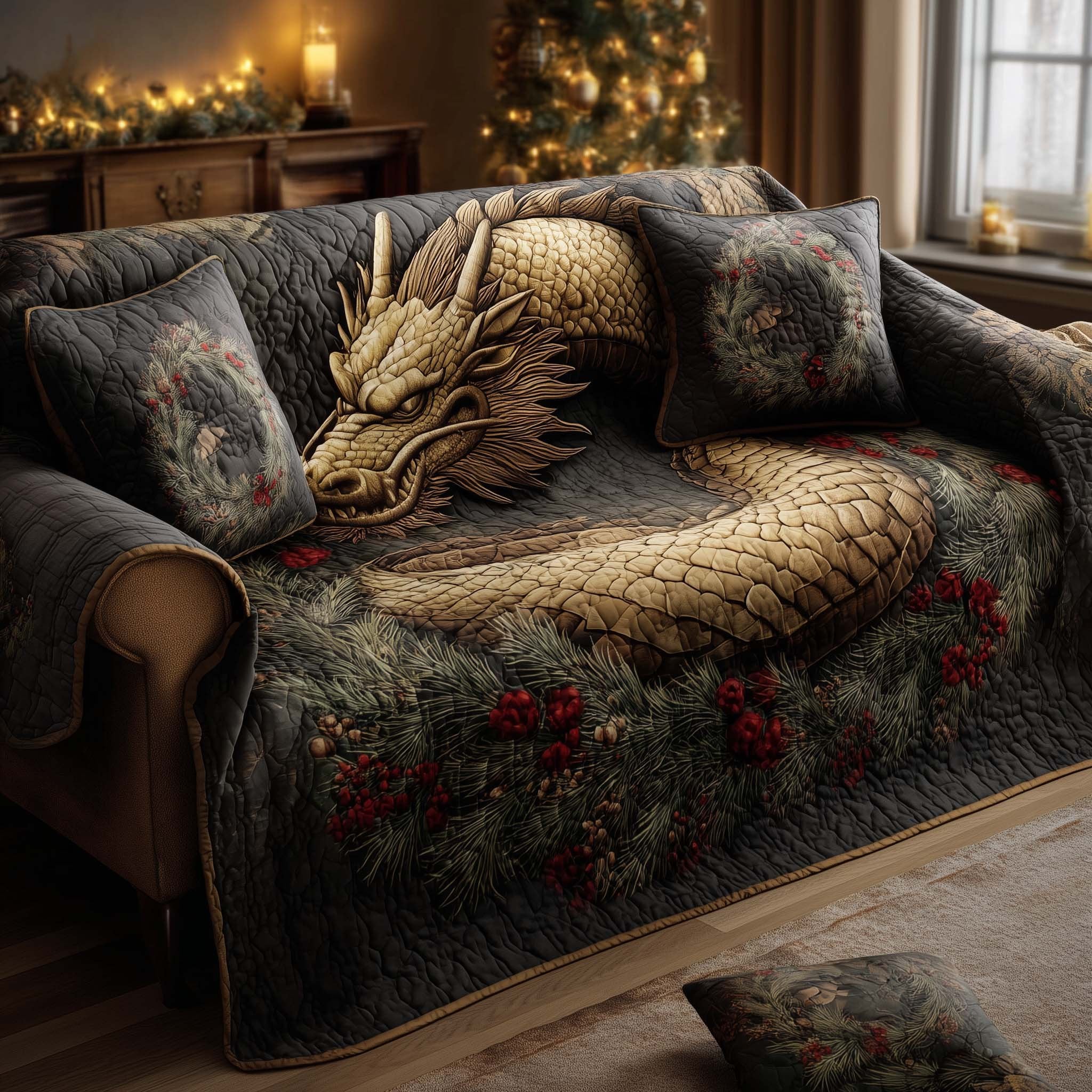 Golden Dragon on Dark Roses Sofa Cover