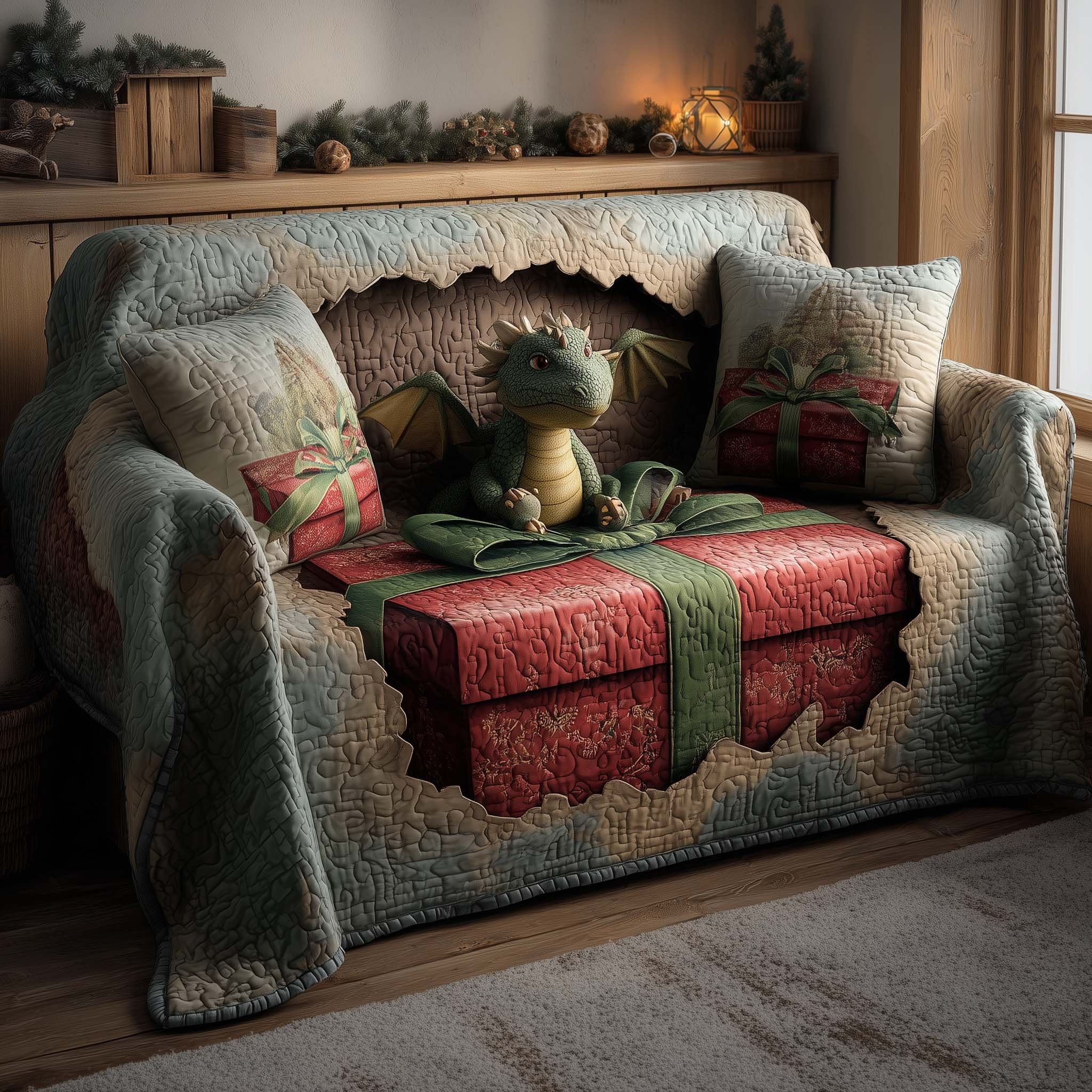 Green Dragon on the Gift Box Sofa Cover
