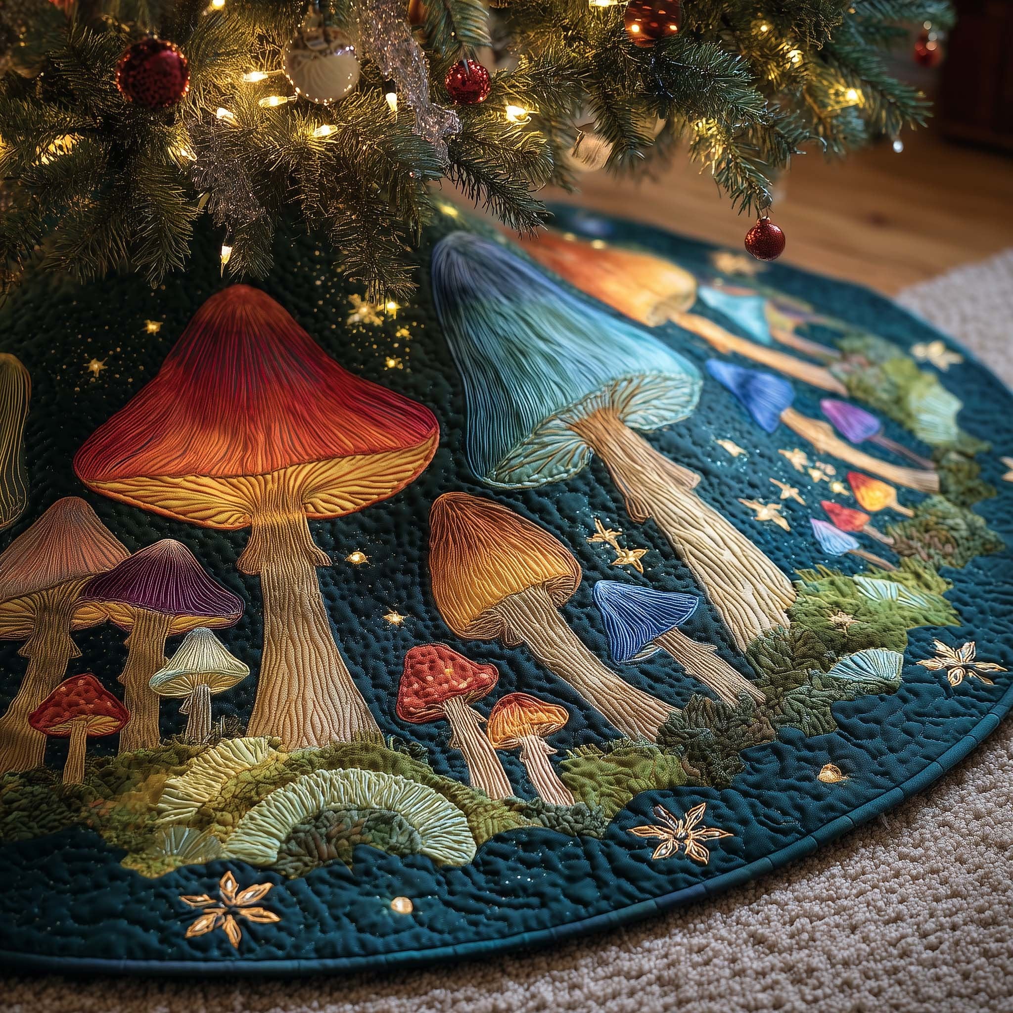 Rainbow Mushrooms Under the Starry Sky Christmas Tree Skirt