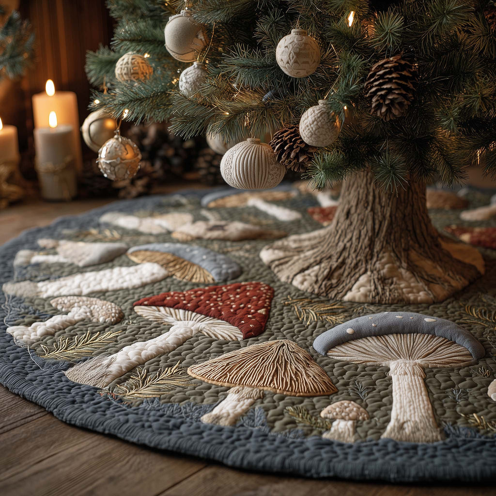 Toadstools Around the Grey Tree Trunk Christmas Tree Skirt
