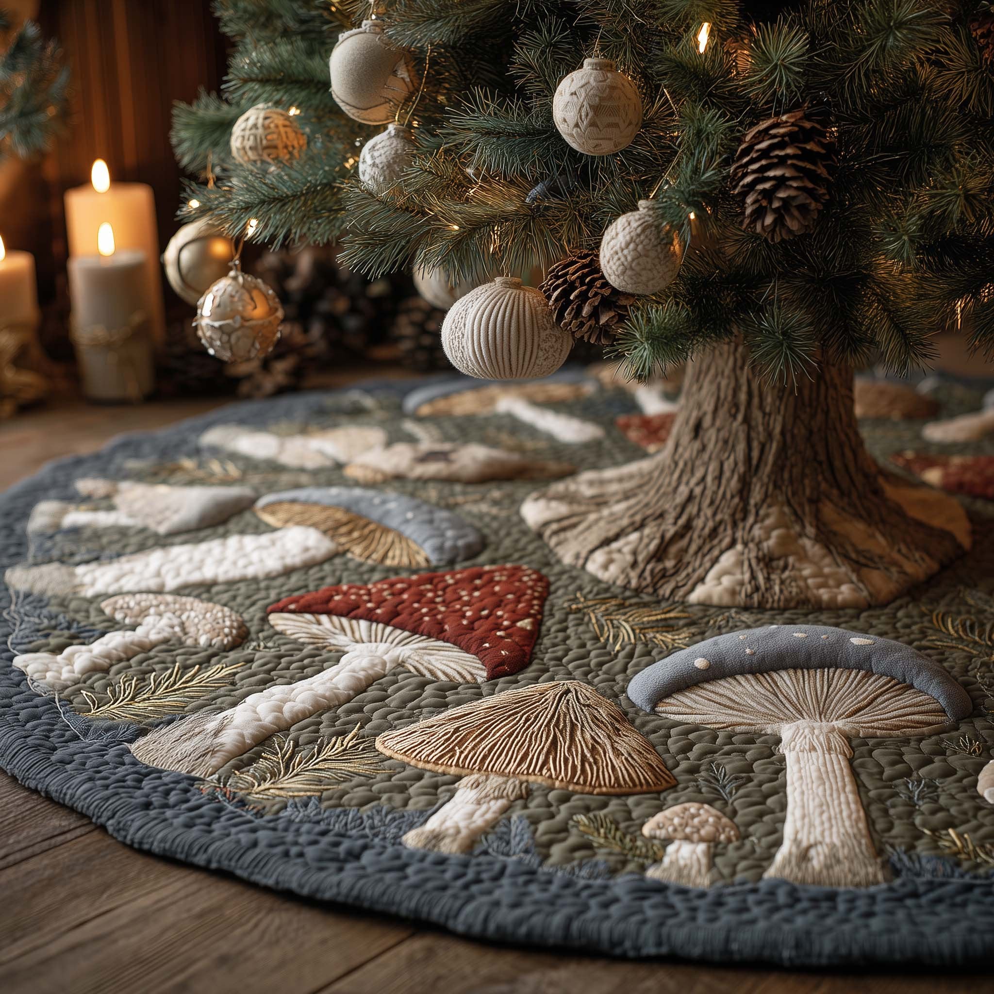 Toadstools Around the Grey Tree Trunk Christmas Tree Skirt