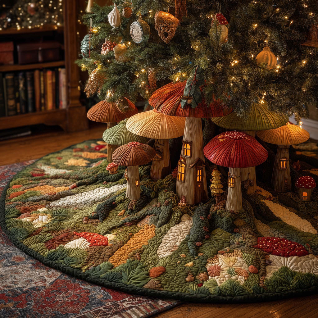 Mushroom Cottages on the Forest Floor Christmas Tree Skirt
