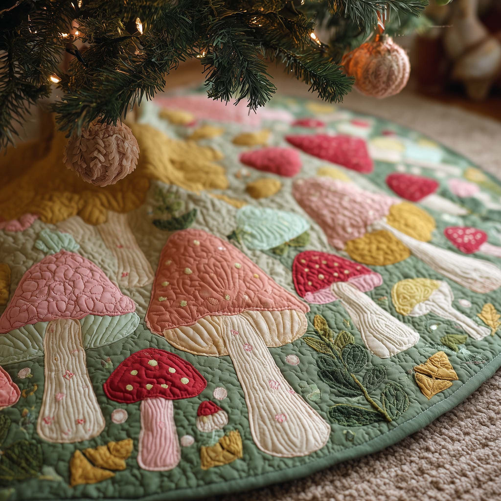 Pastel Mushrooms in Pink and Sage Christmas Tree Skirt