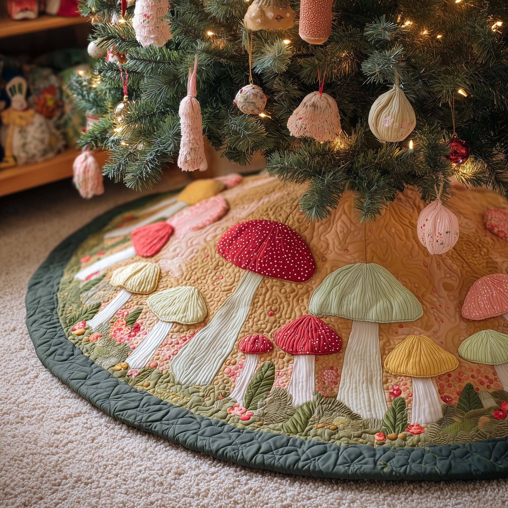 Pink Toadstools on the Green Rim Christmas Tree Skirt