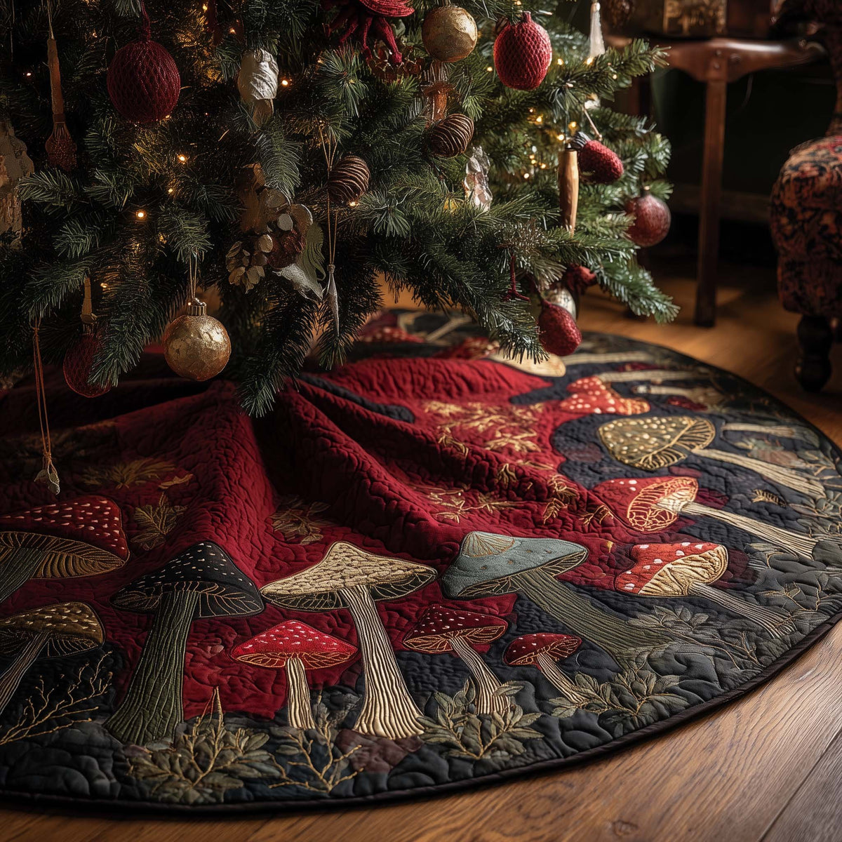 Red Toadstools in the Dark Woods Christmas Tree Skirt