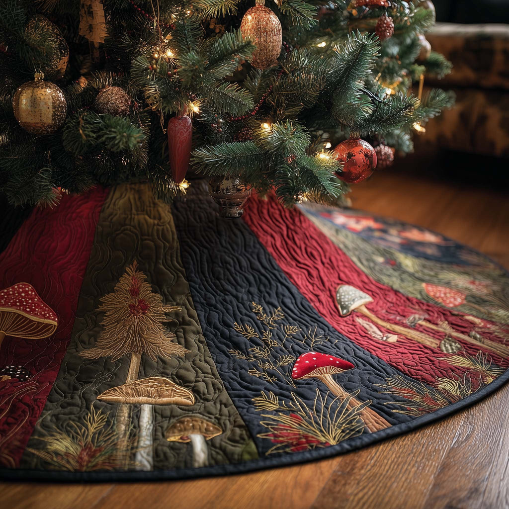 Mushrooms and Pines on Red and Navy Christmas Tree Skirt