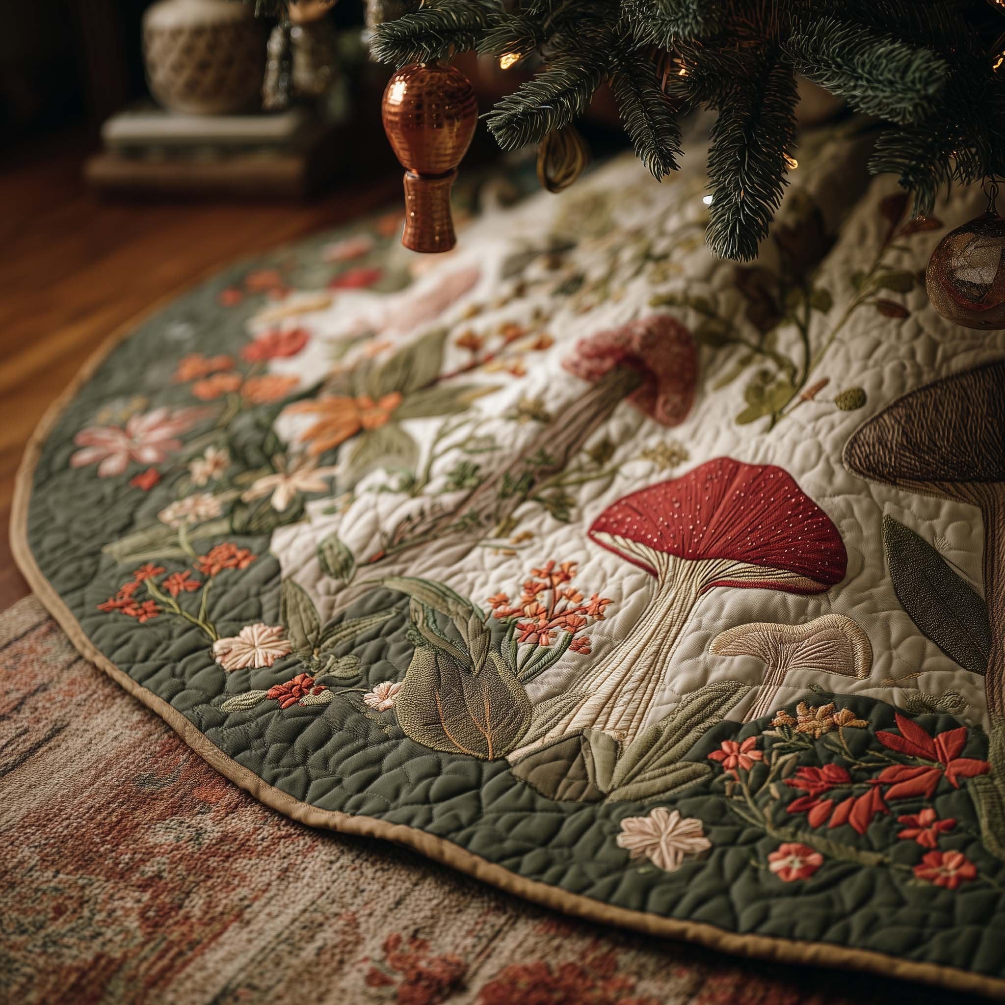 Red Caps in the Sage Green Undergrowth Christmas Tree Skirt