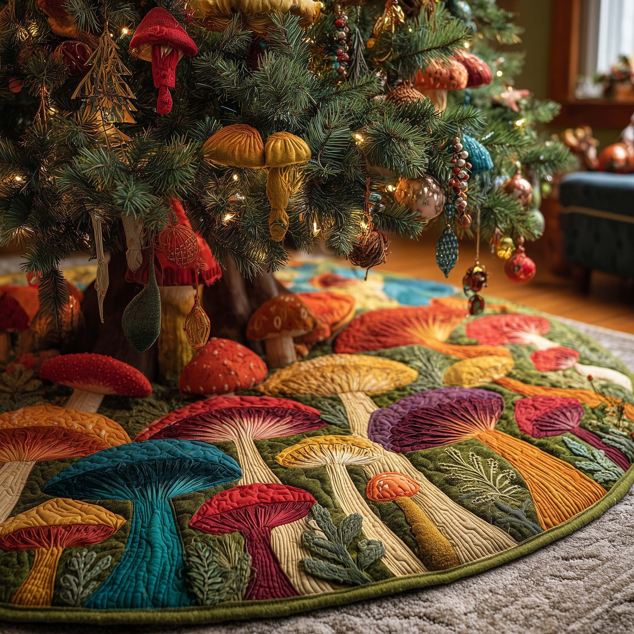 Bright Mushroom Patch in Many Colors Christmas Tree Skirt