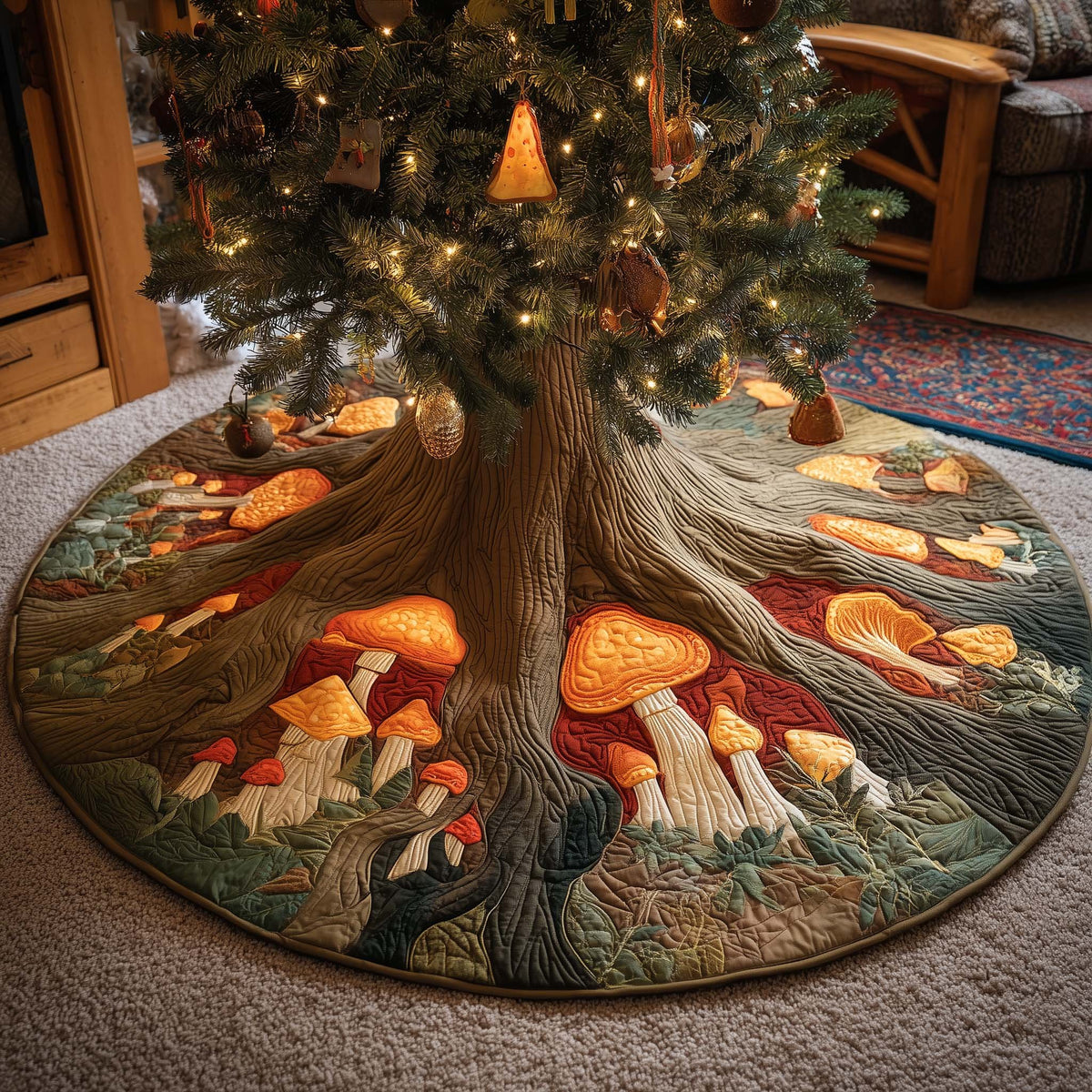Glowing Amber Mushrooms Around the Tree Christmas Tree Skirt