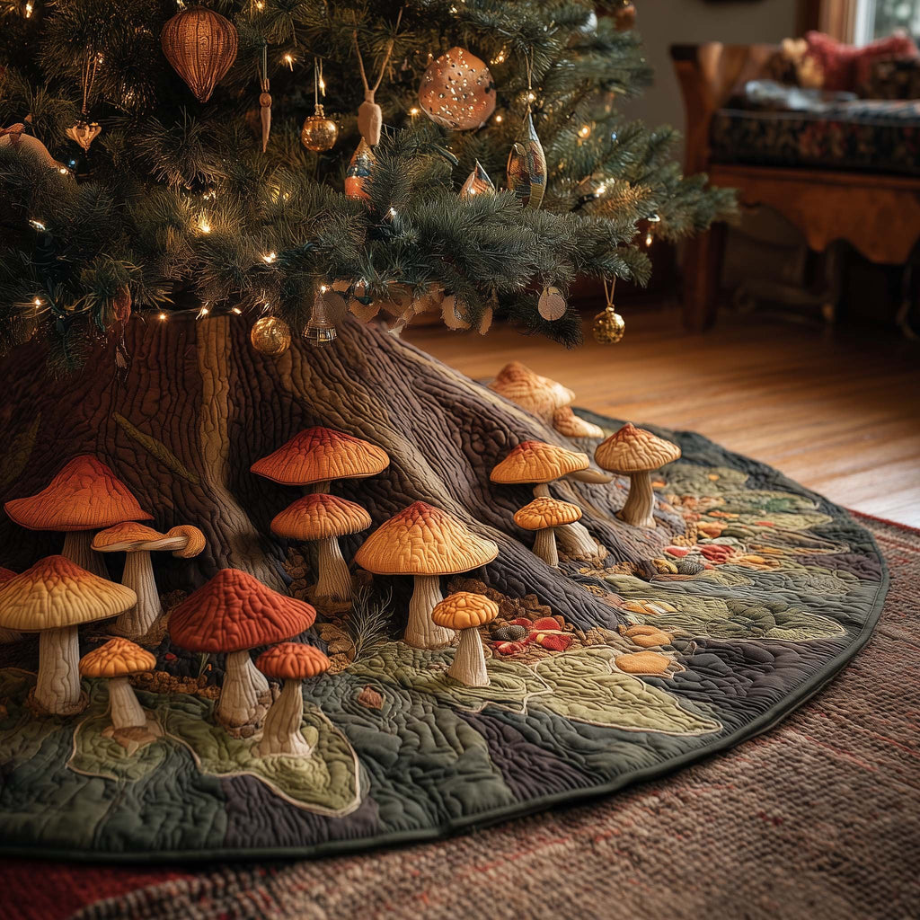 Orange Mushrooms at the Tree Roots Christmas Tree Skirt