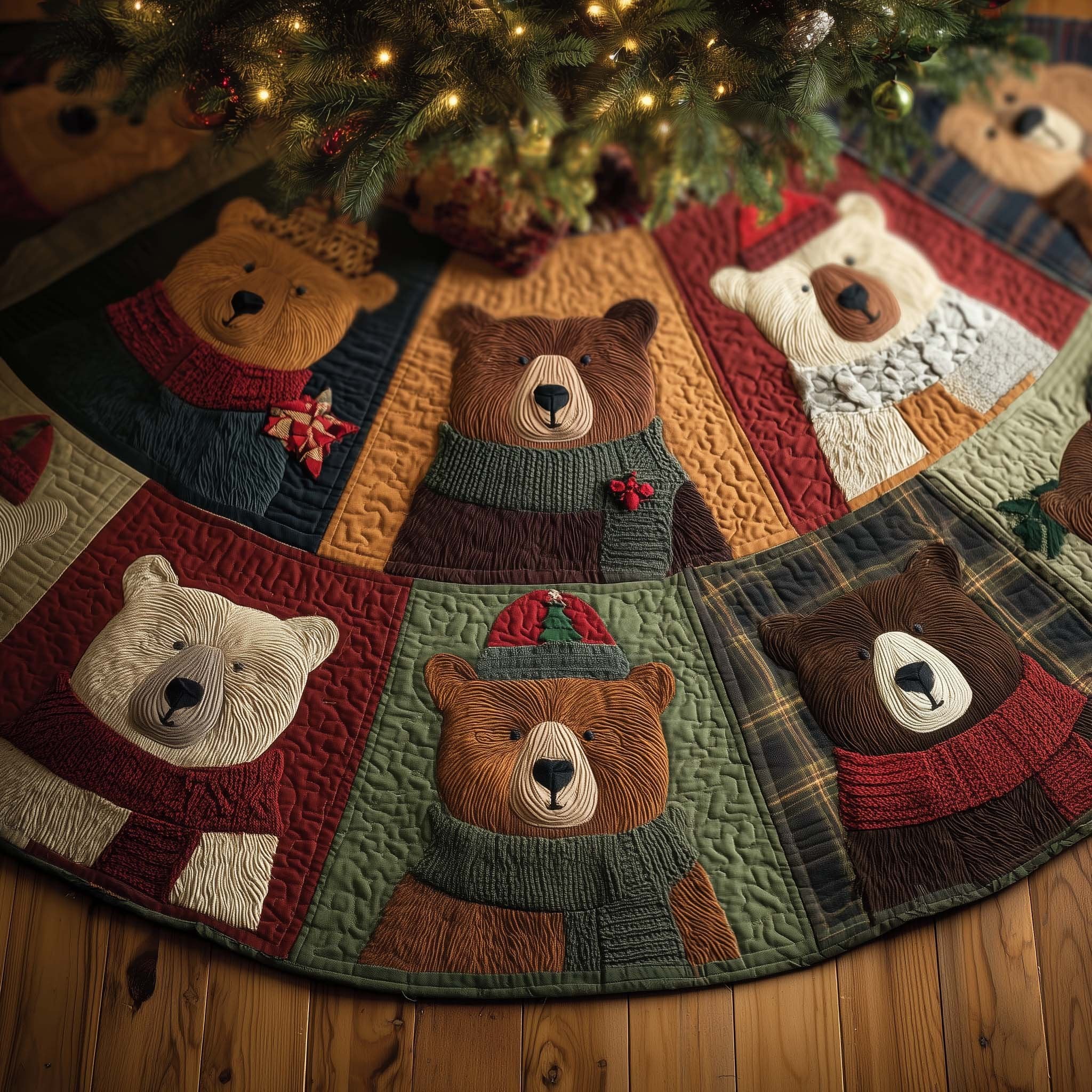 Patchwork Bear Blocks in Plaid Wedges Christmas Tree Skirt
