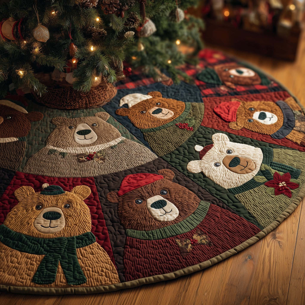 Teddy Bears in Scarves Patchwork Christmas Tree Skirt