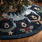 Black Bears on Blue Grey Folk Quilt Christmas Tree Skirt