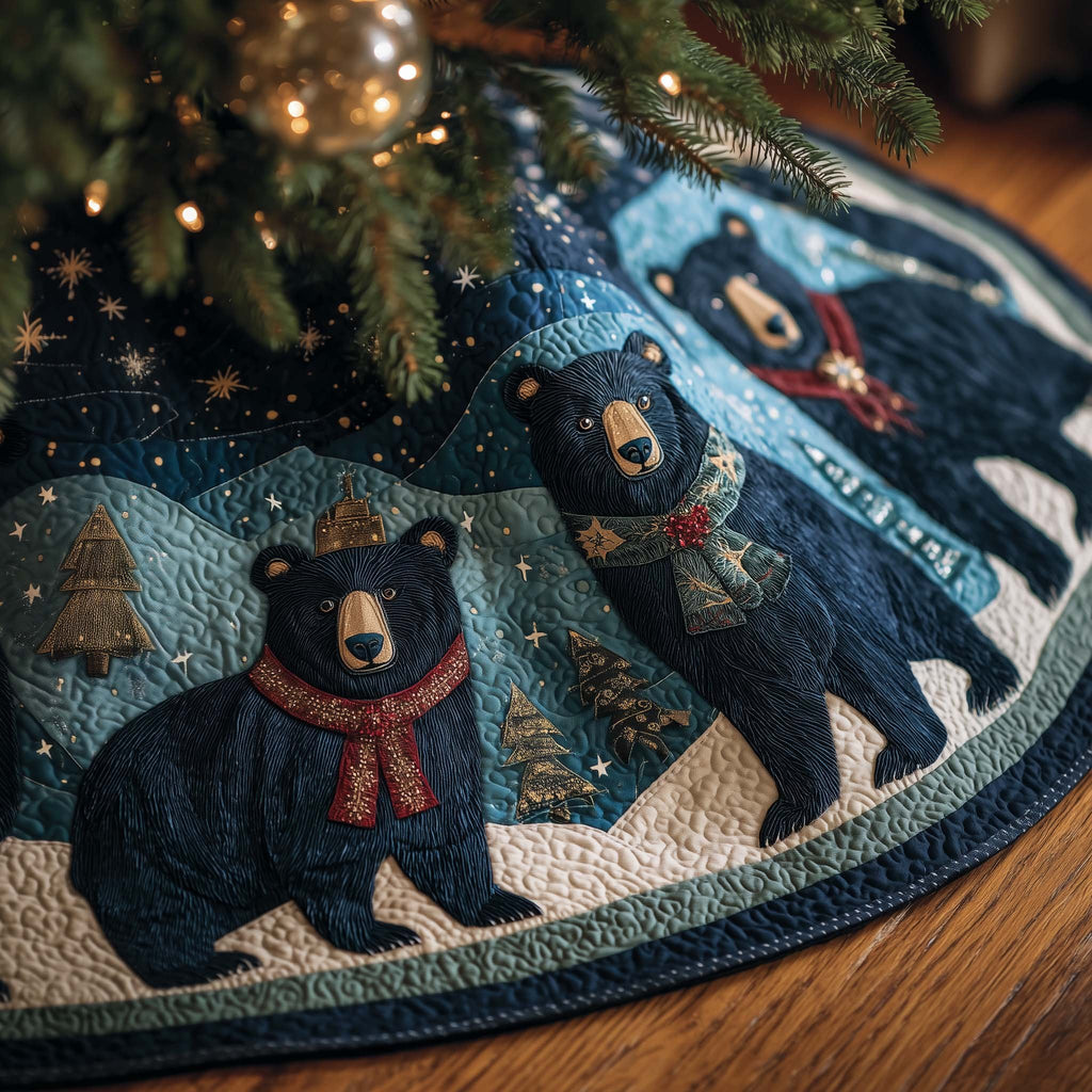 Black Bears with Scarves Starry Teal Christmas Tree Skirt