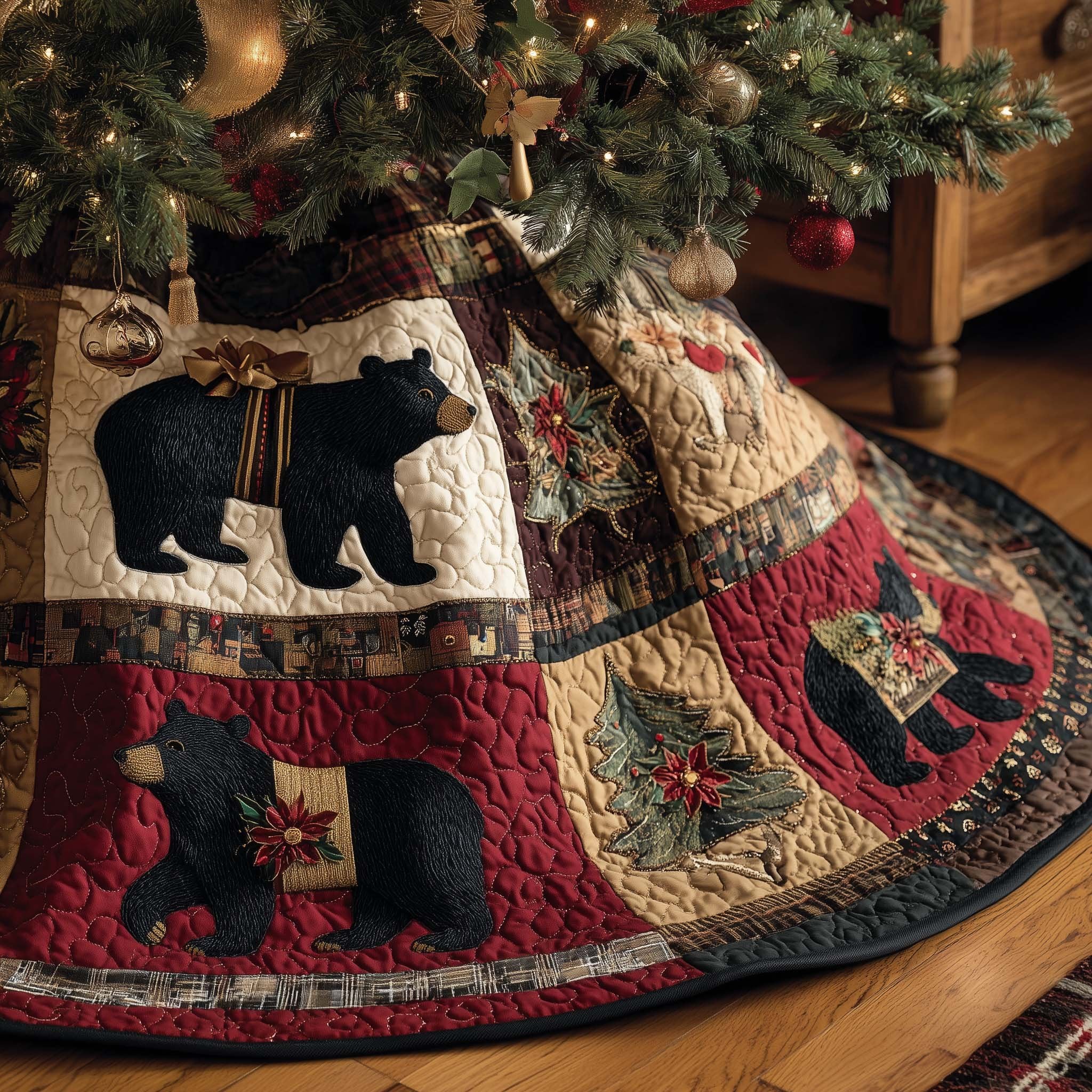 Black Bear Silhouettes Red Patchwork Christmas Tree Skirt